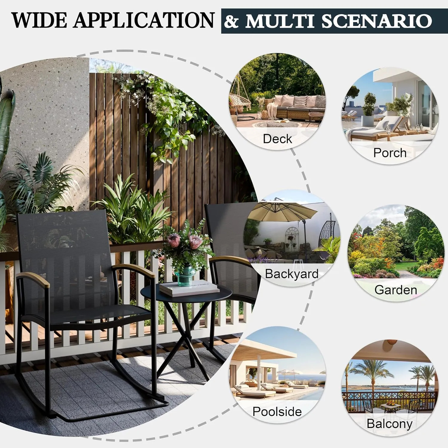 SUNLEI 3 Piece Patio Rocking Bistro Sets, Textilene Fabric Outdoor Furniture Set, Front Porch Breathable Rocker Chairs Conversation Set with Coffee Table for Lawn, Garden, Balcony, Poolside, Black