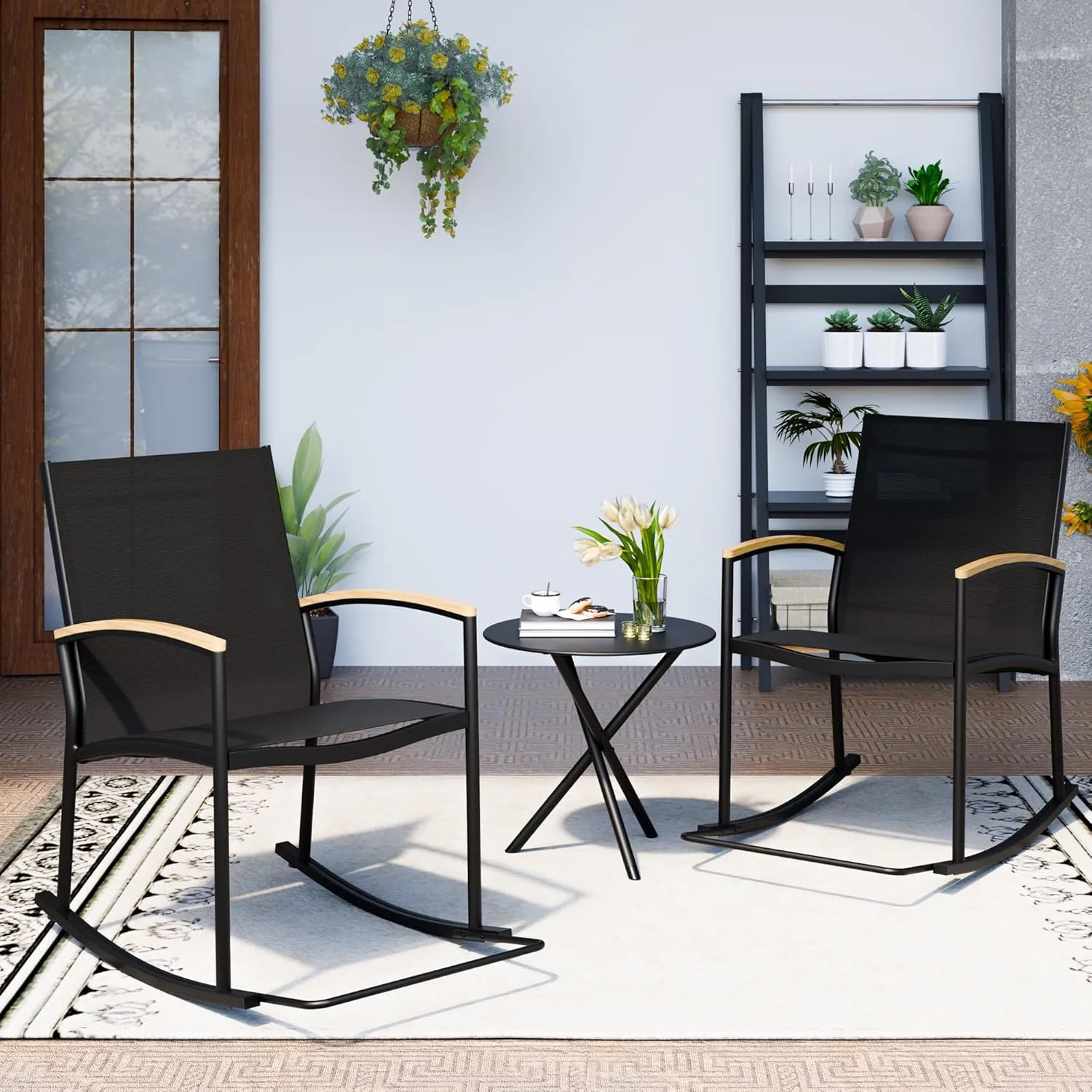 SUNLEI 3 Piece Patio Rocking Bistro Sets, Textilene Fabric Outdoor Furniture Set, Front Porch Breathable Rocker Chairs Conversation Set with Coffee Table for Lawn, Garden, Balcony, Poolside, Black