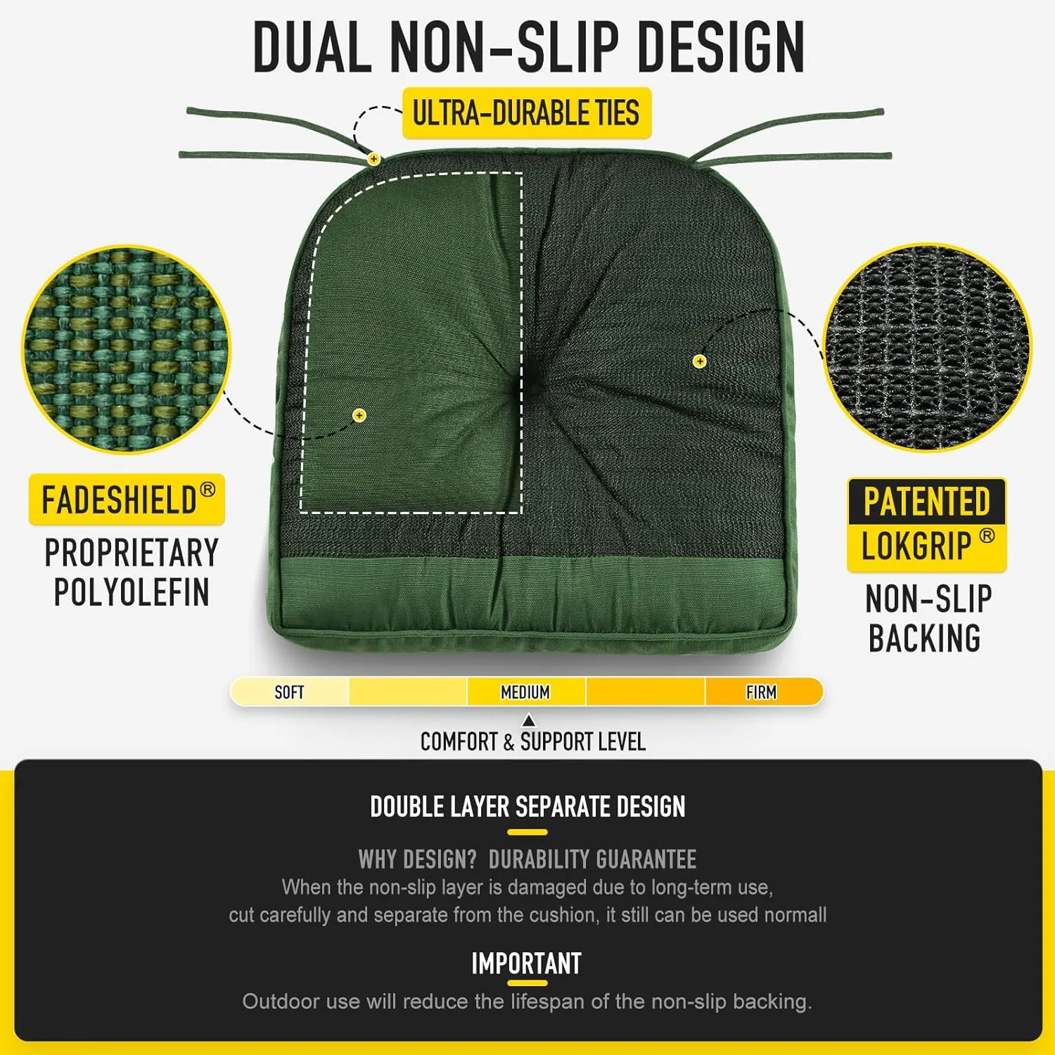 SUNROX Memory Foam Jumbo Rocking Chair Cushions, FadeShield Water Resistant Non Slip Durable Tufted Pads, Set of Seat & Back Cushion with Ties for Indoor/Outdoor Rocker, 2 Piece, Army Green