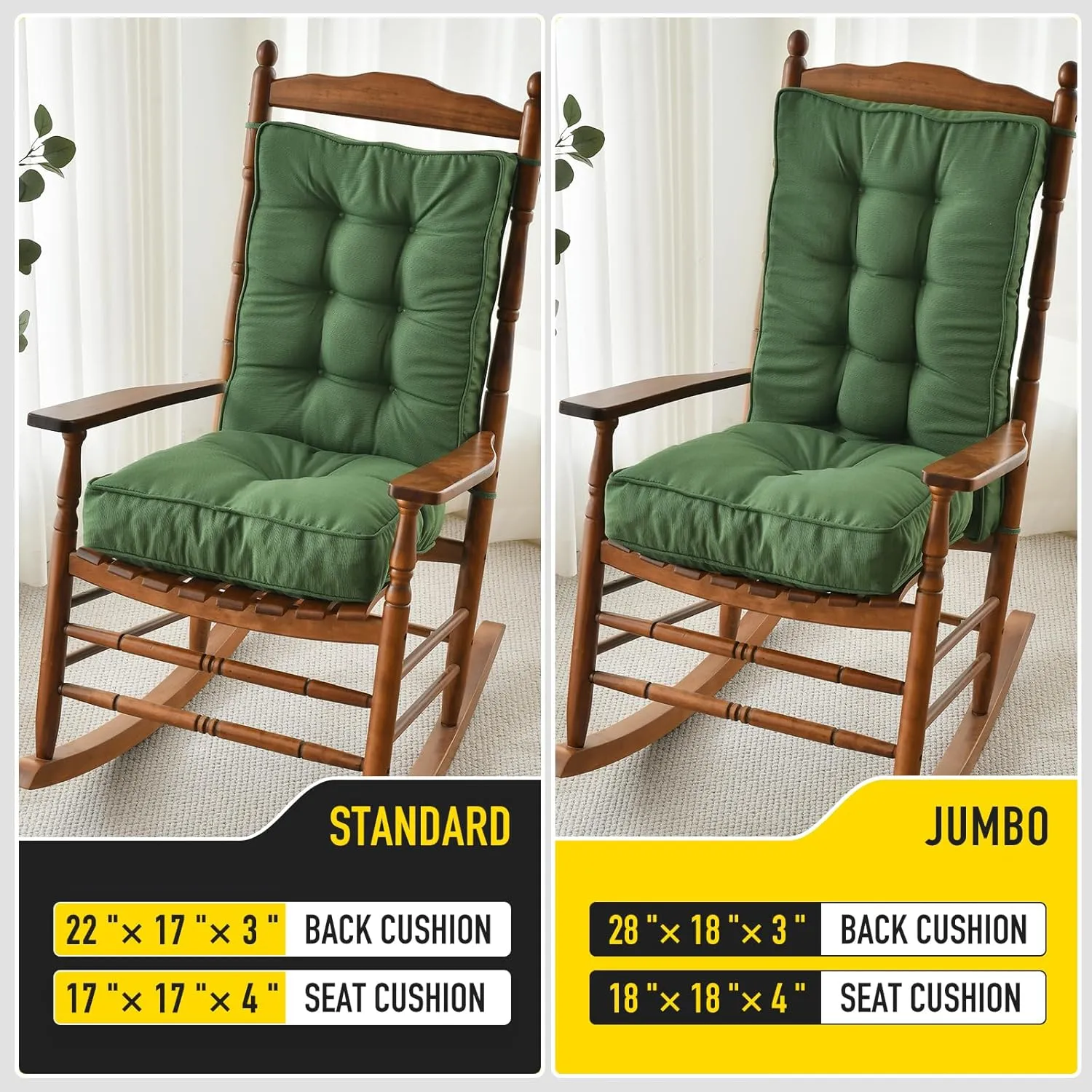 SUNROX Memory Foam Jumbo Rocking Chair Cushions, FadeShield Water Resistant Non Slip Durable Tufted Pads, Set of Seat & Back Cushion with Ties for Indoor/Outdoor Rocker, 2 Piece, Army Green