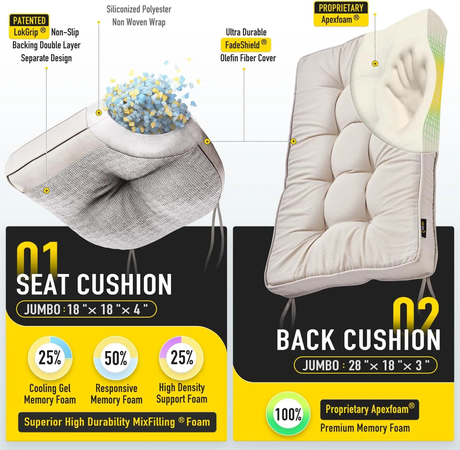 SUNROX Memory Foam Jumbo Rocking Chair Cushions, FadeShield Water Resistant Non Slip Durable Tufted Pads, Set of Seat & Back Cushion with Ties for Indoor/Outdoor Rocker, 2 Piece, Cream
