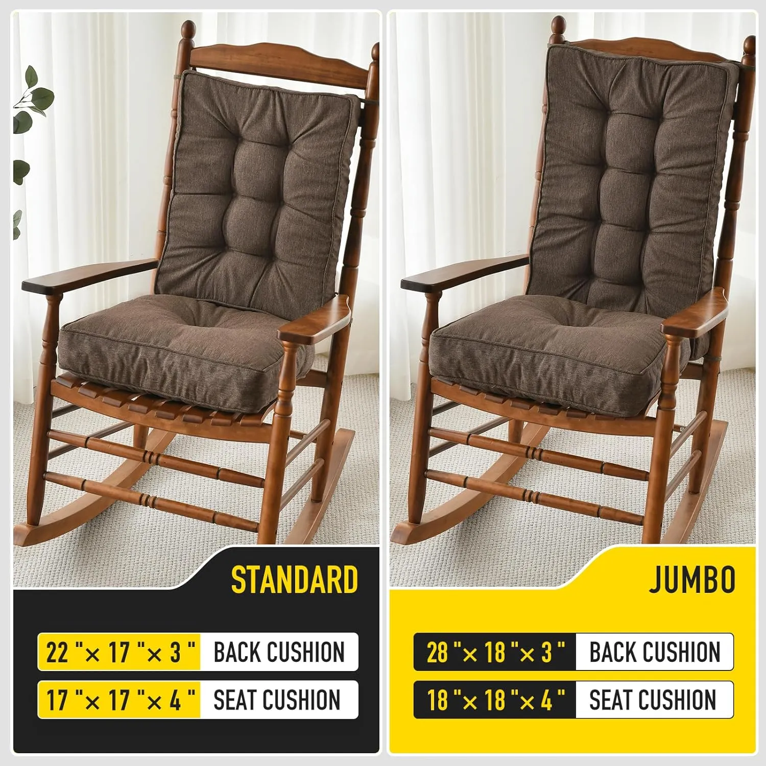 SUNROX Memory Foam Jumbo Rocking Chair Cushions, FadeShield Water Resistant Non Slip Durable Tufted Pads, Set of Seat & Back Cushion with Ties for Indoor/Outdoor Rocker, 2 Piece, Heather Chestnut