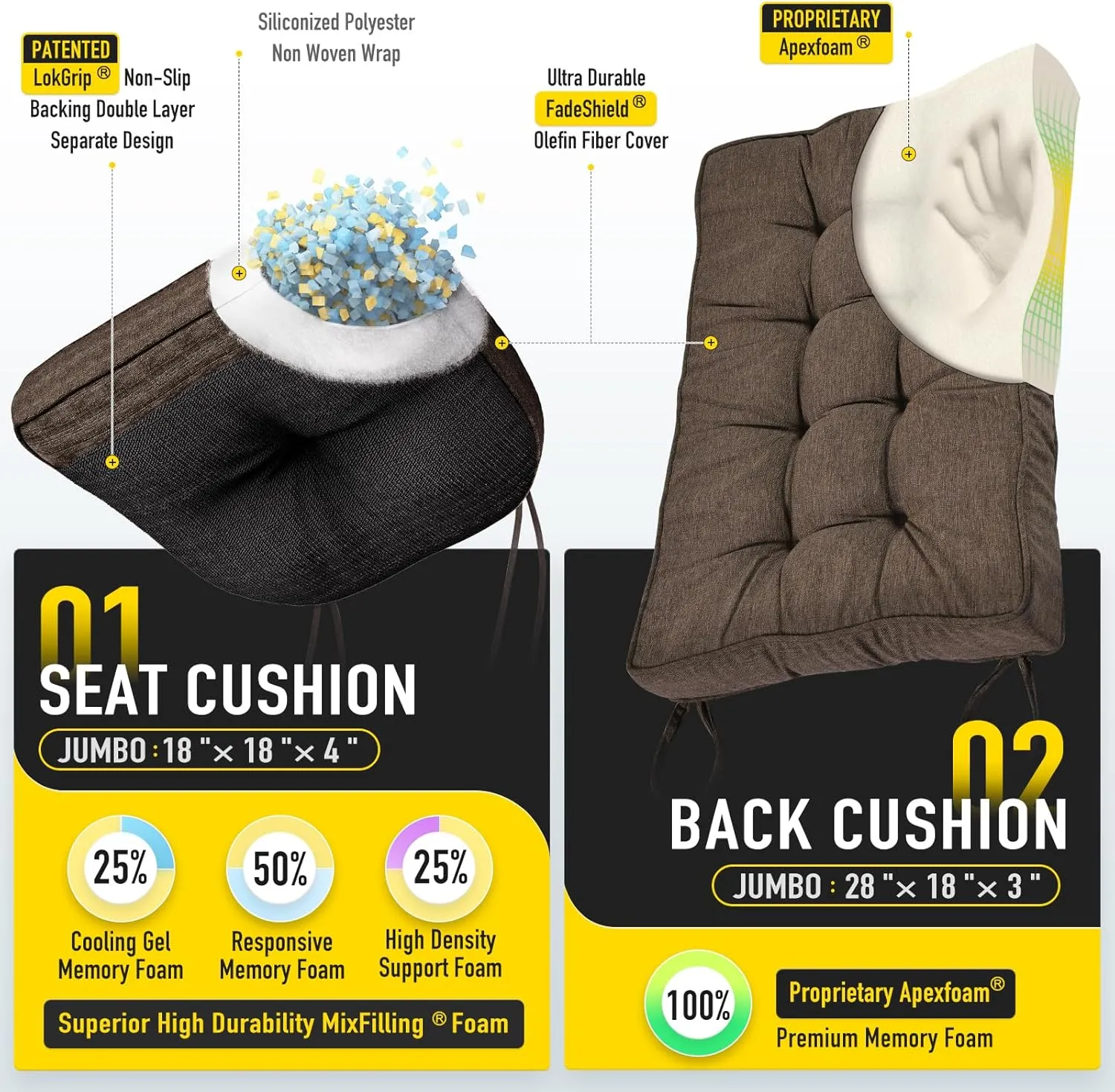 SUNROX Memory Foam Jumbo Rocking Chair Cushions, FadeShield Water Resistant Non Slip Durable Tufted Pads, Set of Seat & Back Cushion with Ties for Indoor/Outdoor Rocker, 2 Piece, Heather Chestnut