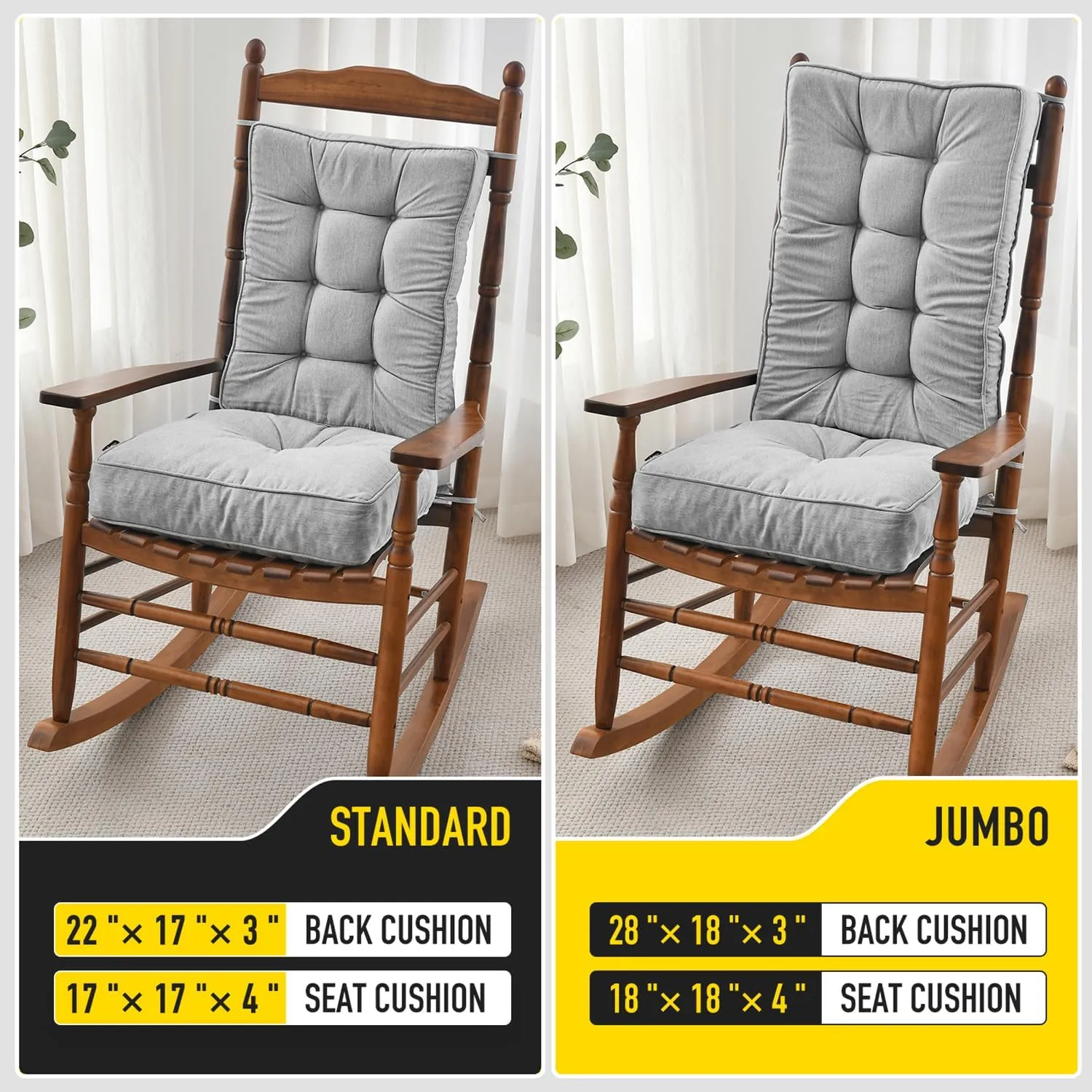 SUNROX Memory Foam Jumbo Rocking Chair Cushions, FadeShield Water Resistant Non Slip Durable Tufted Pads, Set of Seat & Back Cushion with Ties for Indoor/Outdoor Rocker, 2 Piece, Heather Grey