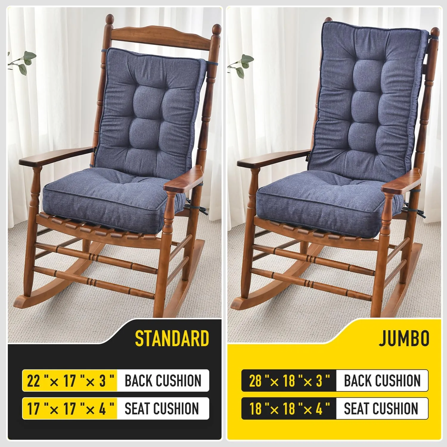 SUNROX Memory Foam Jumbo Rocking Chair Cushions, FadeShield Water Resistant Non Slip Durable Tufted Pads, Set of Seat & Back Cushion with Ties for Indoor/Outdoor Rocker, 2 Piece, Heather Indigo