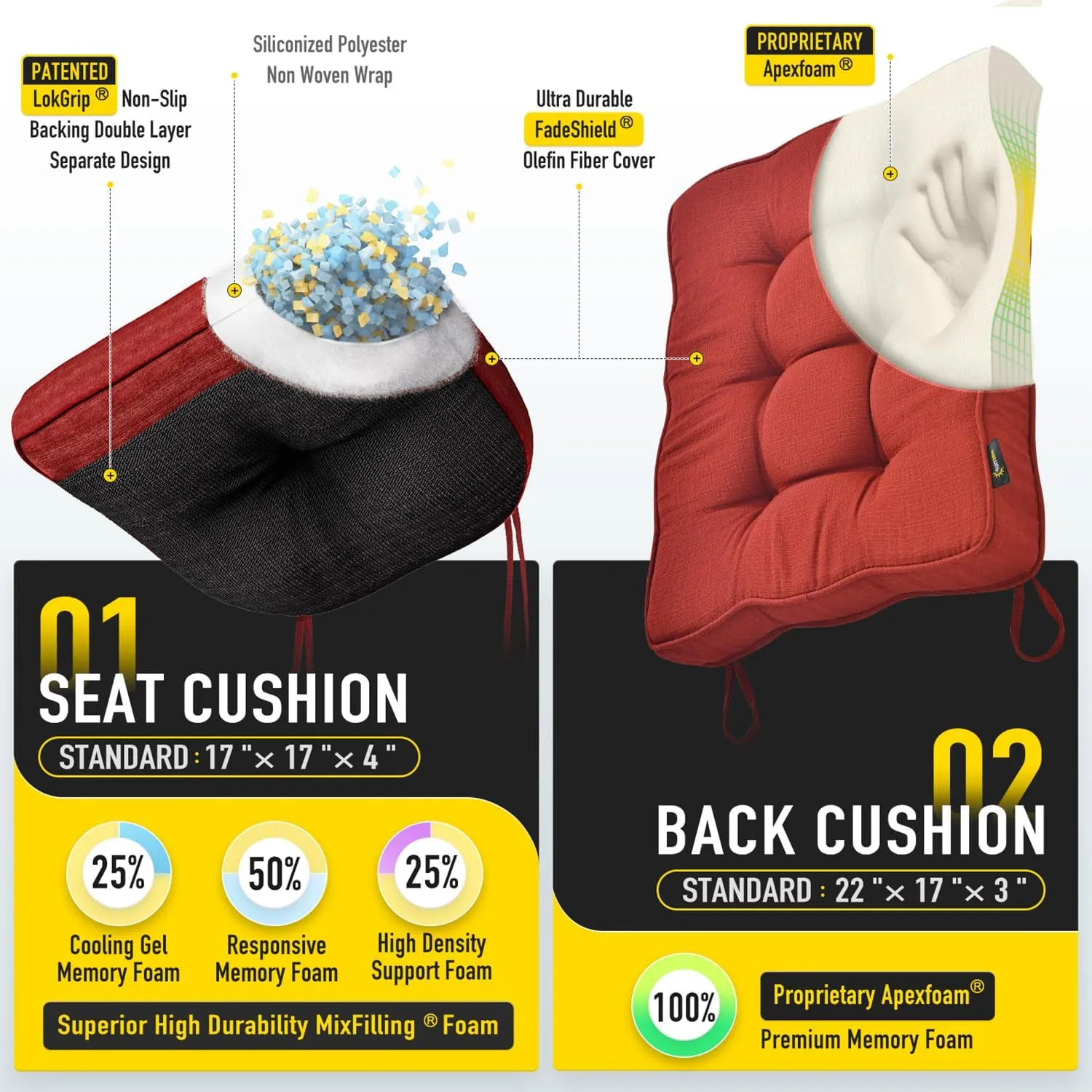 SUNROX Memory Foam Non Slip Rocking Chair Cushion, FadeShield Water Resistant Thicken Durable Tufted Pads, Set of Seat & Back Cushion with Ties for Indoor/Outdoor Rocker, 2 Piece, Burgundy