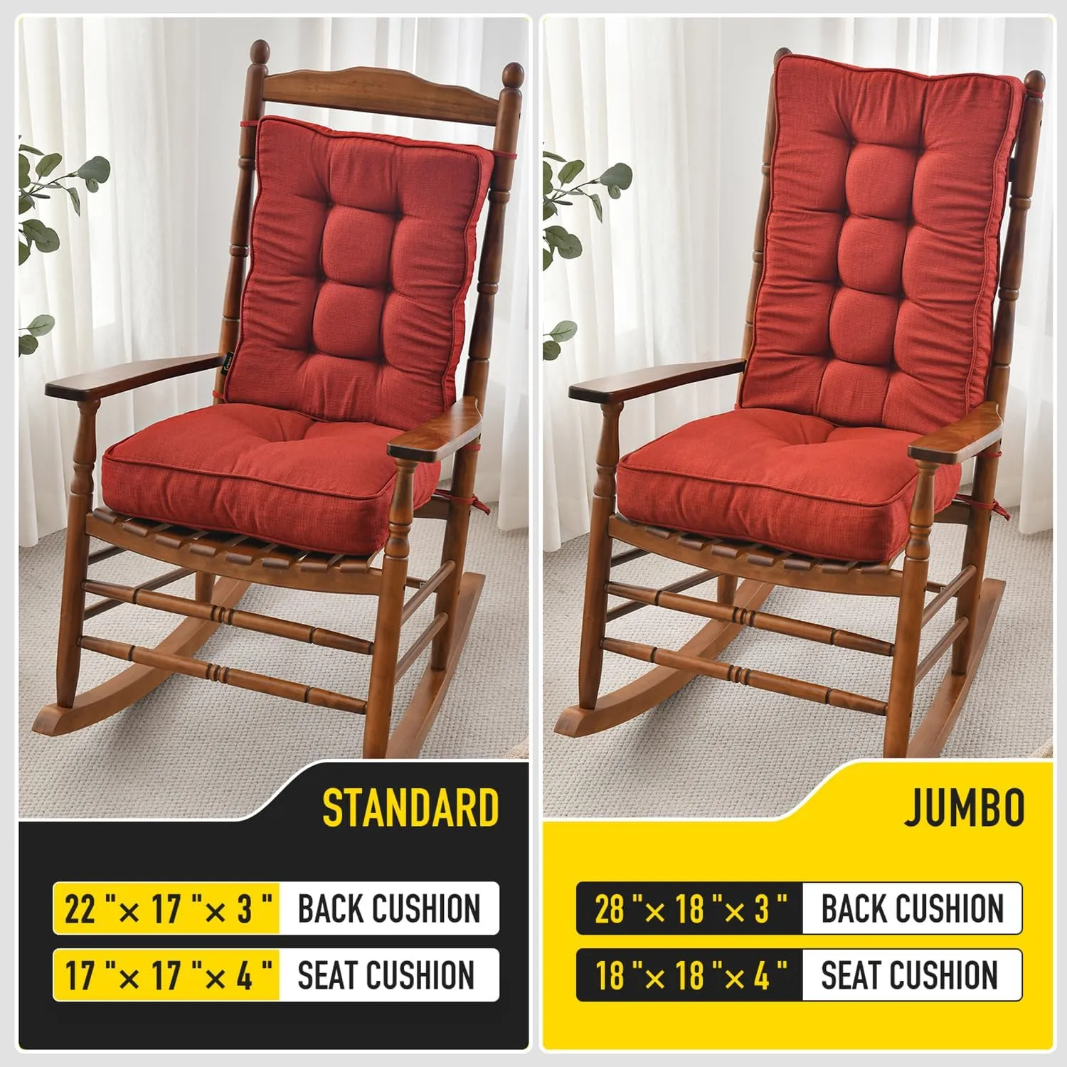 SUNROX Memory Foam Non Slip Rocking Chair Cushion, FadeShield Water Resistant Thicken Durable Tufted Pads, Set of Seat & Back Cushion with Ties for Indoor/Outdoor Rocker, 2 Piece, Burgundy