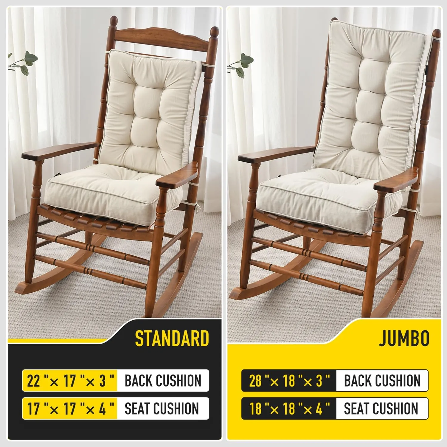 SUNROX Memory Foam Non Slip Rocking Chair Cushion, FadeShield Water Resistant Thicken Durable Tufted Pads, Set of Seat & Back Cushion with Ties for Indoor/Outdoor Rocker, 2 Piece, Cream