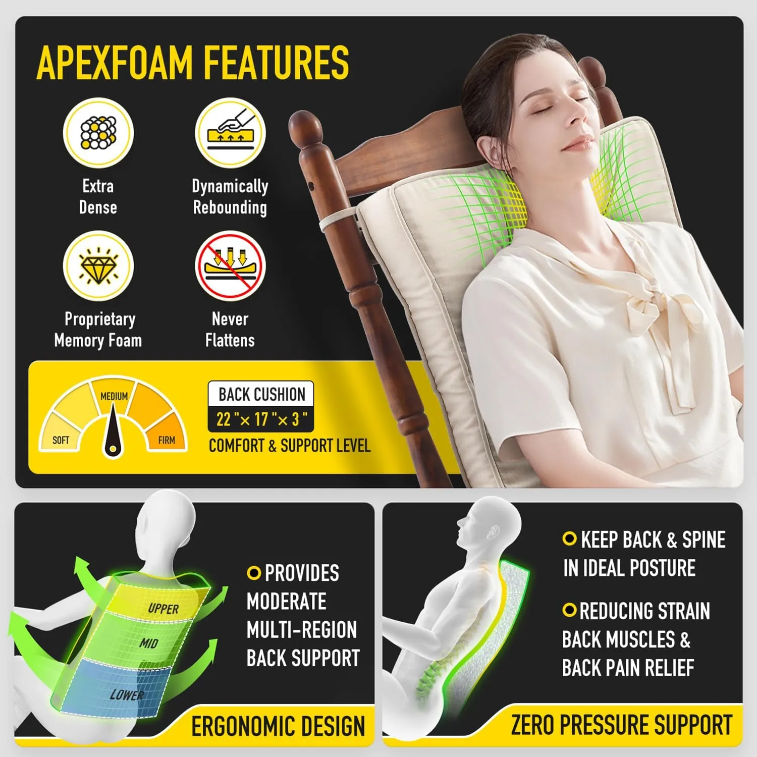 SUNROX Memory Foam Non Slip Rocking Chair Cushion, FadeShield Water Resistant Thicken Durable Tufted Pads, Set of Seat & Back Cushion with Ties for Indoor/Outdoor Rocker, 2 Piece, Cream
