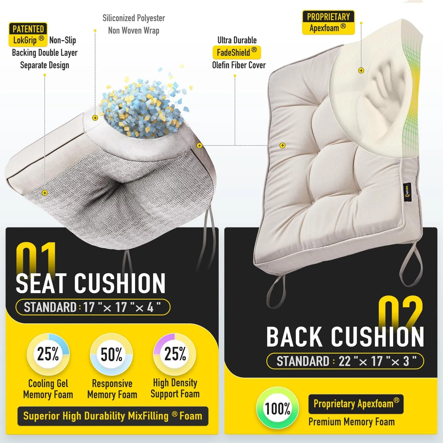 SUNROX Memory Foam Non Slip Rocking Chair Cushion, FadeShield Water Resistant Thicken Durable Tufted Pads, Set of Seat & Back Cushion with Ties for Indoor/Outdoor Rocker, 2 Piece, Cream
