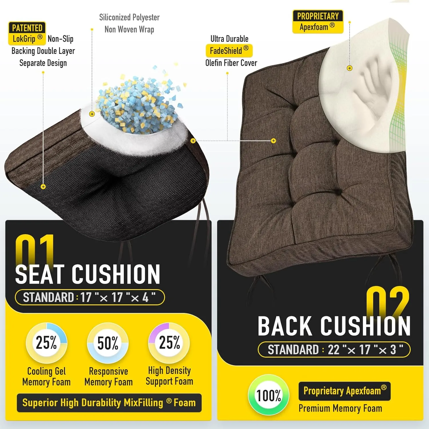 SUNROX Memory Foam Non Slip Rocking Chair Cushion, FadeShield Water Resistant Thicken Durable Tufted Pads, Set of Seat & Back Cushion with Ties for Indoor/Outdoor Rocker, 2 Piece, Heather Chestnut