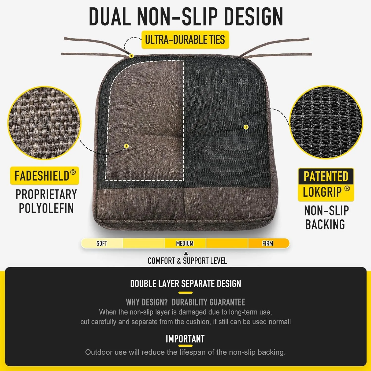 SUNROX Memory Foam Non Slip Rocking Chair Cushion, FadeShield Water Resistant Thicken Durable Tufted Pads, Set of Seat & Back Cushion with Ties for Indoor/Outdoor Rocker, 2 Piece, Heather Chestnut