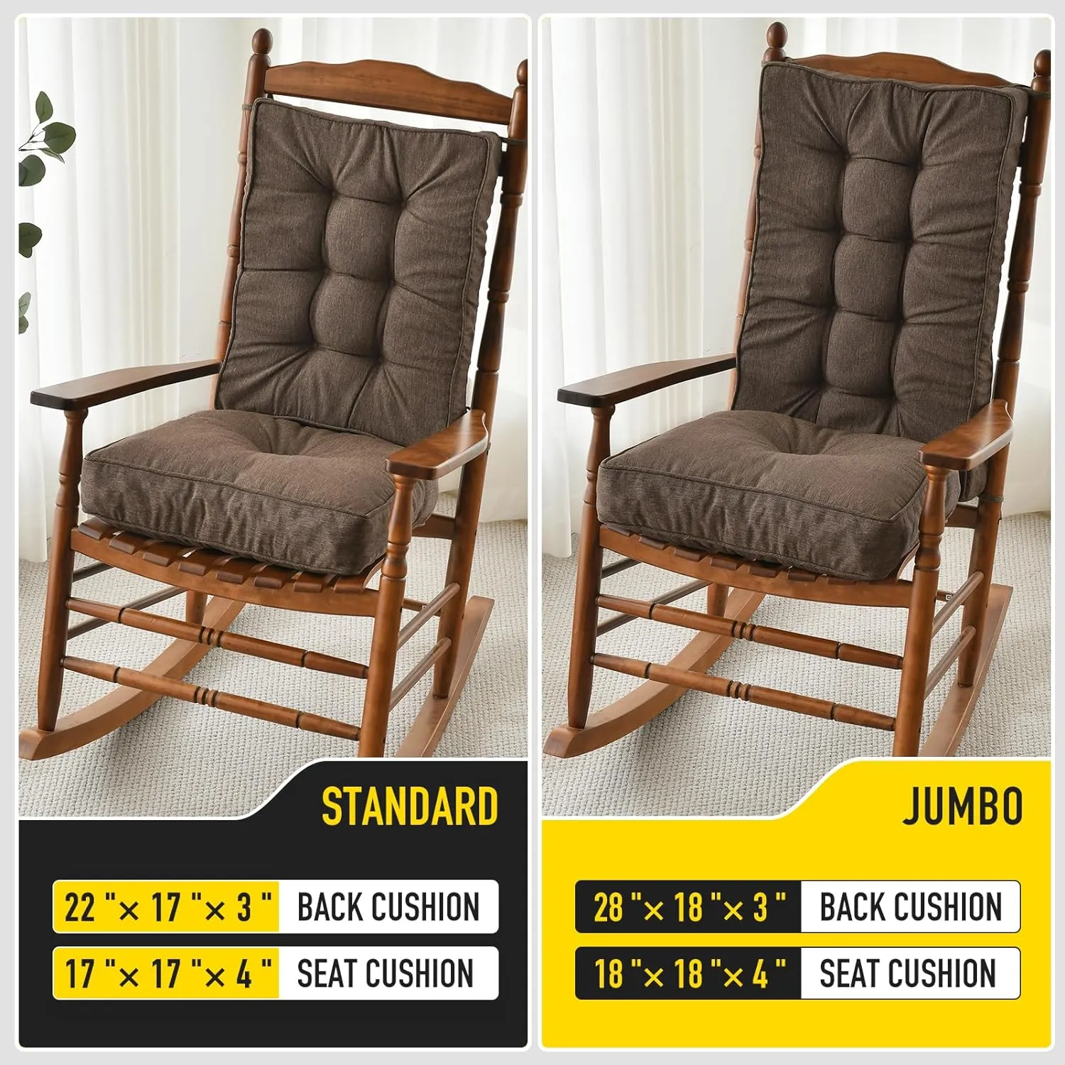 SUNROX Memory Foam Non Slip Rocking Chair Cushion, FadeShield Water Resistant Thicken Durable Tufted Pads, Set of Seat & Back Cushion with Ties for Indoor/Outdoor Rocker, 2 Piece, Heather Chestnut