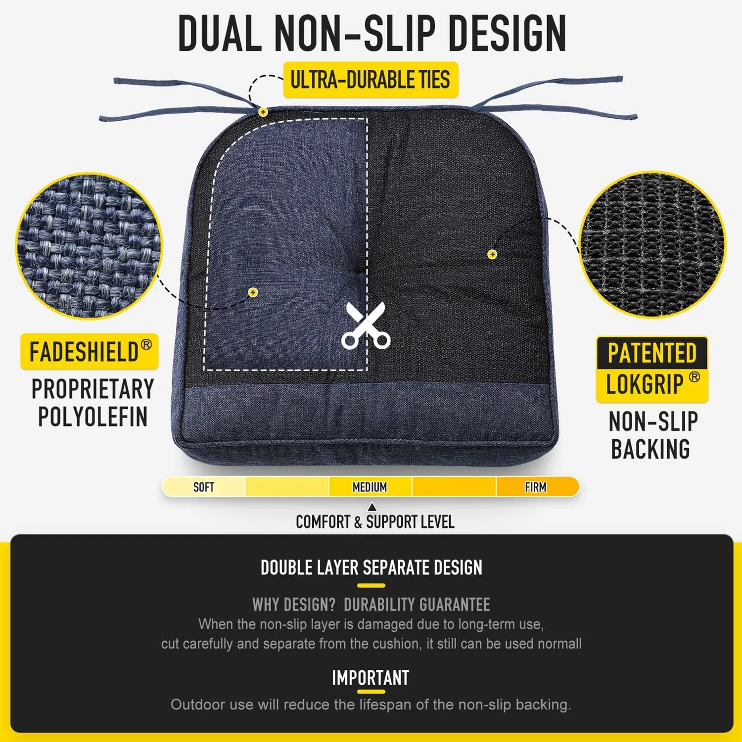 SUNROX Memory Foam Non Slip Rocking Chair Cushion, FadeShield Water Resistant Thicken Durable Tufted Pads, Set of Seat & Back Cushion with Ties for Indoor/Outdoor Rocker, 2 Piece, Heather Indigo
