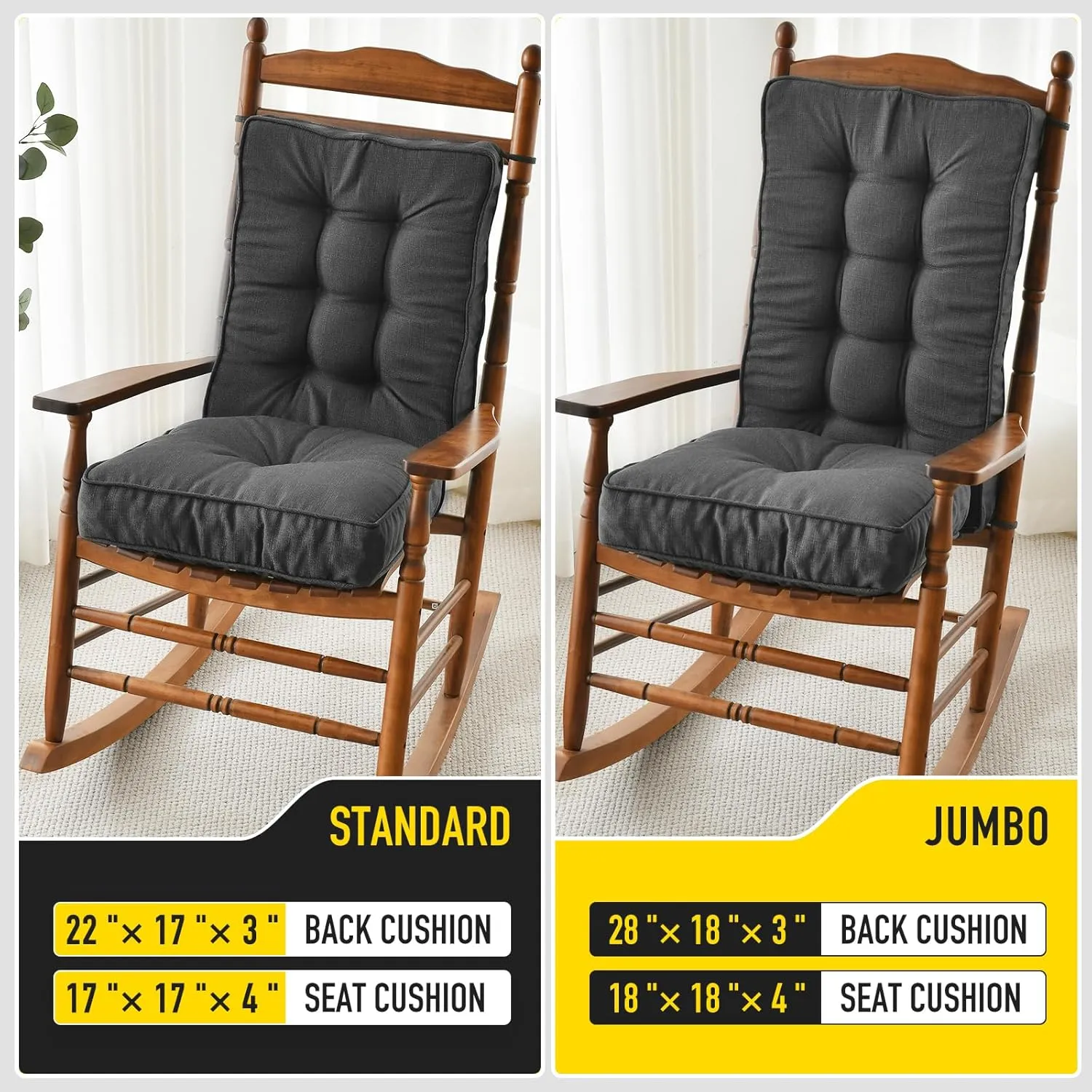 SUNROX Memory Foam Non Slip Rocking Chair Cushion, FadeShield Water Resistant Thicken Durable Tufted Pads, Set of Seat & Back Cushion with Ties for Indoor/Outdoor Rocker, 2 Piece, Midnight