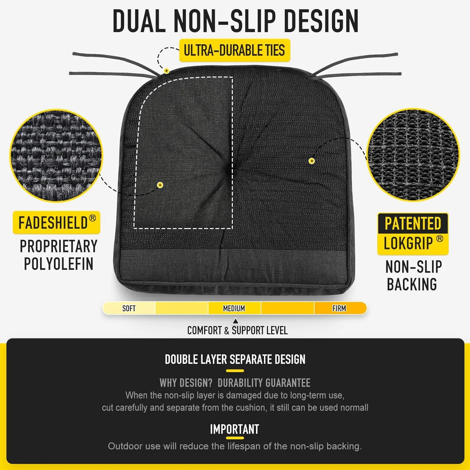 SUNROX Memory Foam Non Slip Rocking Chair Cushion, FadeShield Water Resistant Thicken Durable Tufted Pads, Set of Seat & Back Cushion with Ties for Indoor/Outdoor Rocker, 2 Piece, Midnight