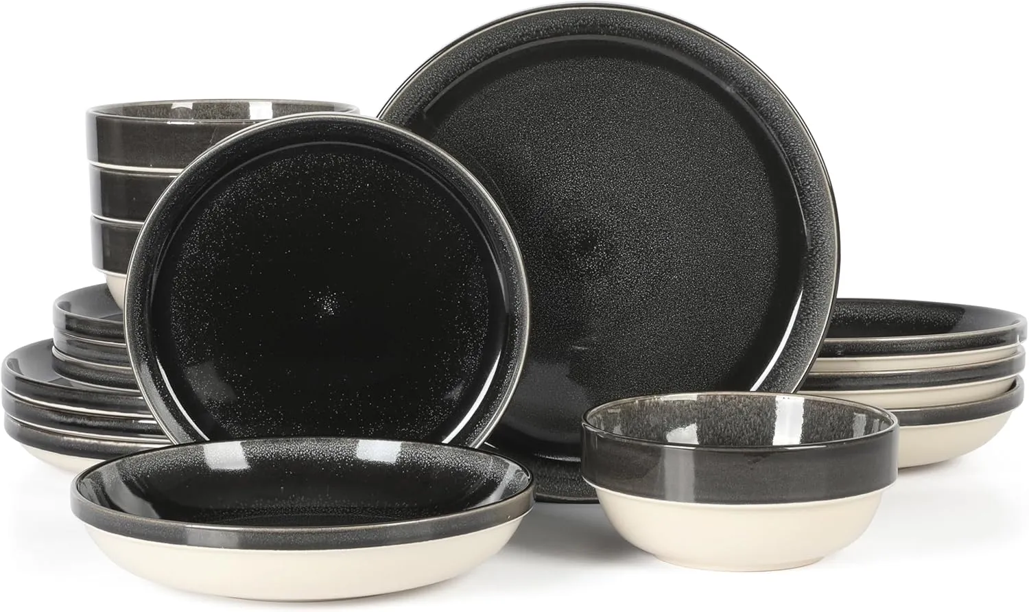 Sur La Table Kitchen Essentials Banquette 16 Piece Double Bowl Plates and Bowls Reactive Glaze Stoneware Dinnerware Set - Black