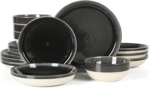 Sur La Table Kitchen Essentials Banquette 16 Piece Double Bowl Plates and Bowls Reactive Glaze Stoneware Dinnerware Set - Black