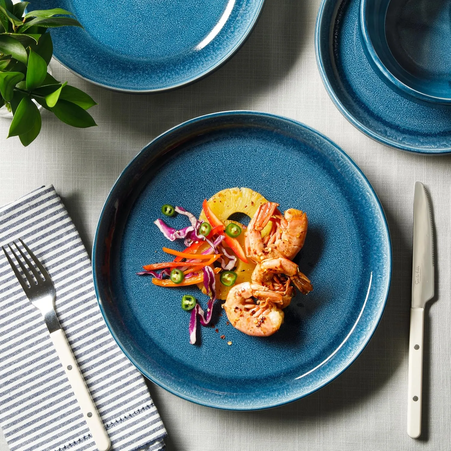 Sur La Table Kitchen Essentials Banquette 16 Piece Double Bowl Plates and Bowls Reactive Glaze Stoneware Dinnerware Set - Blue