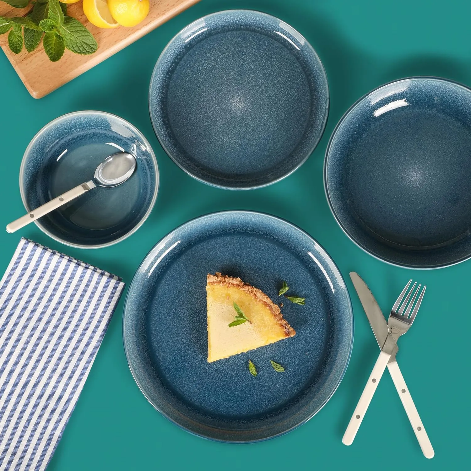 Sur La Table Kitchen Essentials Banquette 16 Piece Double Bowl Plates and Bowls Reactive Glaze Stoneware Dinnerware Set - Blue