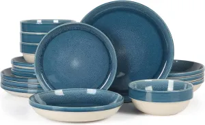 Sur La Table Kitchen Essentials Banquette 16 Piece Double Bowl Plates and Bowls Reactive Glaze Stoneware Dinnerware Set - Blue