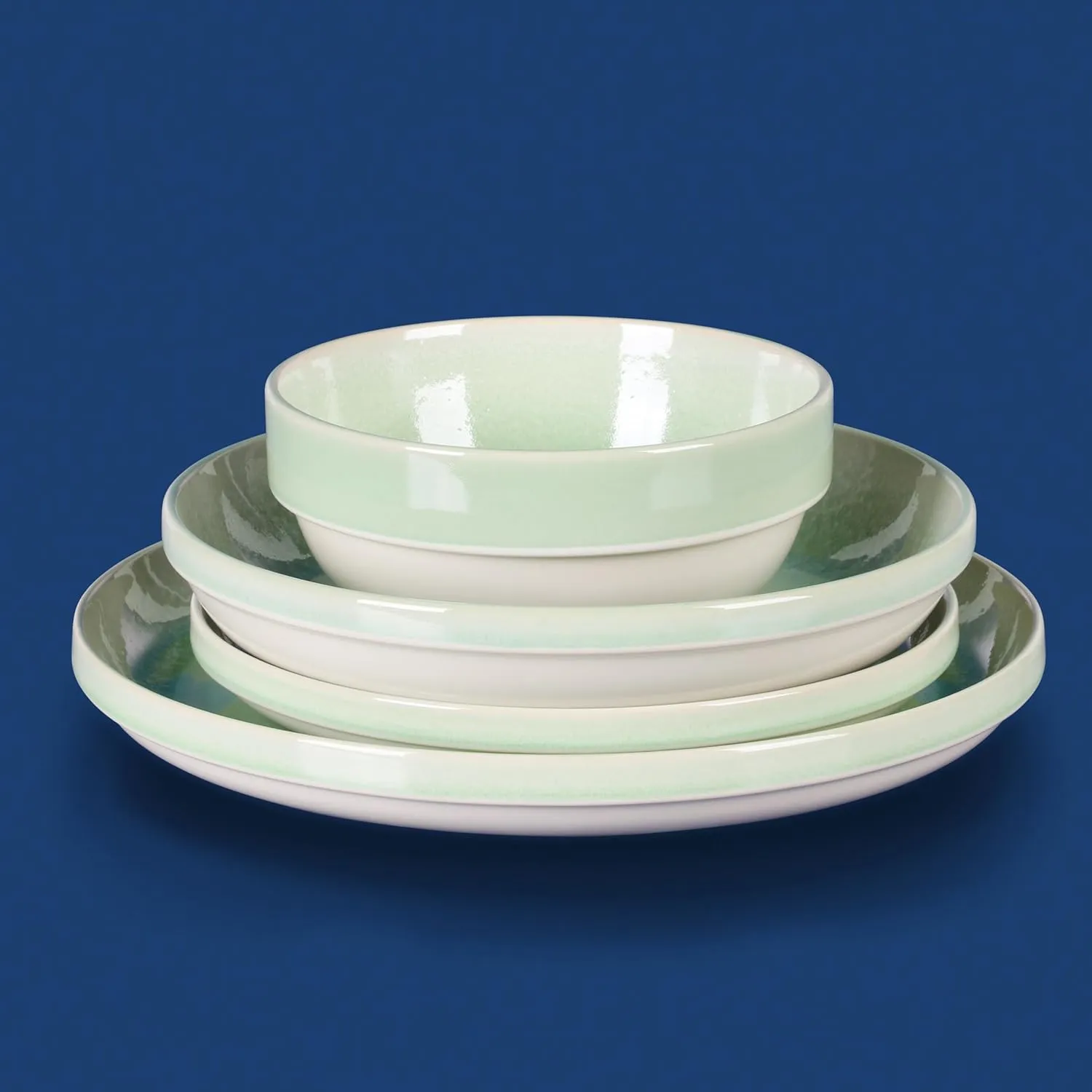 Sur La Table Kitchen Essentials Banquette 16 Piece Double Bowl Plates and Bowls Reactive Glaze Stoneware Dinnerware Set - Green
