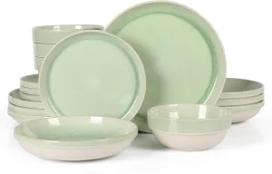 Sur La Table Kitchen Essentials Banquette 16 Piece Double Bowl Plates and Bowls Reactive Glaze Stoneware Dinnerware Set - Green