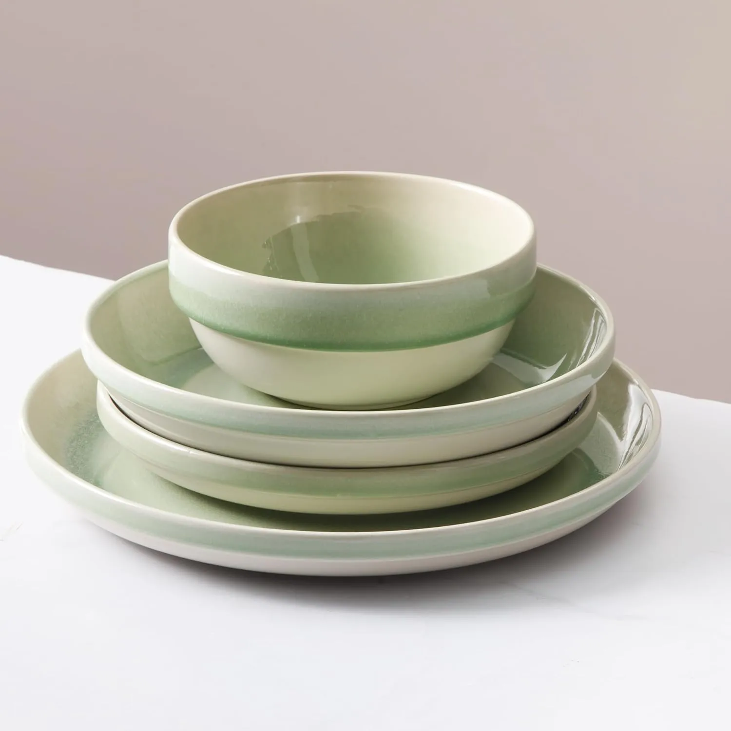 Sur La Table Kitchen Essentials Banquette 16 Piece Double Bowl Plates and Bowls Reactive Glaze Stoneware Dinnerware Set - Green