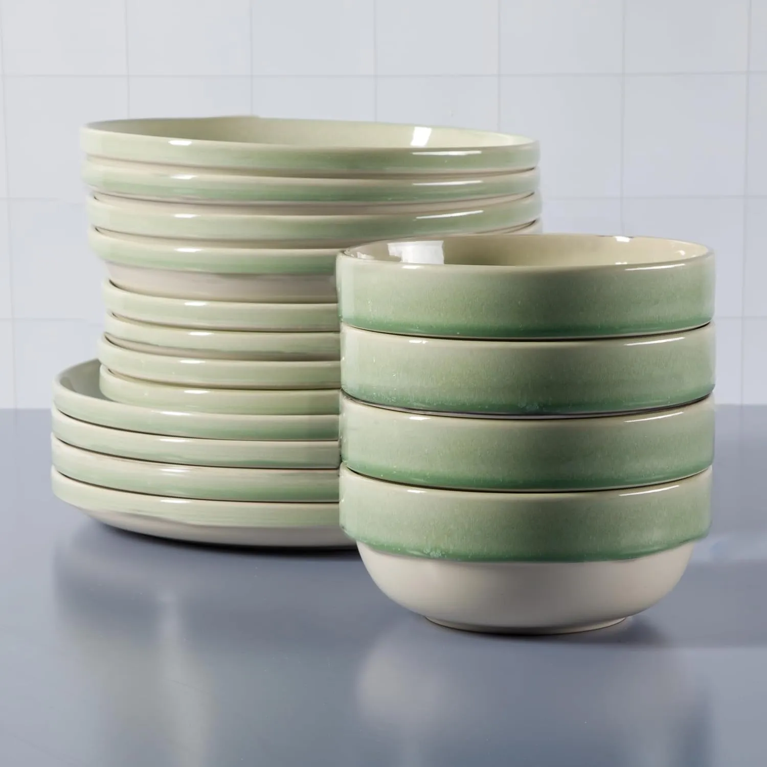 Sur La Table Kitchen Essentials Banquette 16 Piece Double Bowl Plates and Bowls Reactive Glaze Stoneware Dinnerware Set - Green