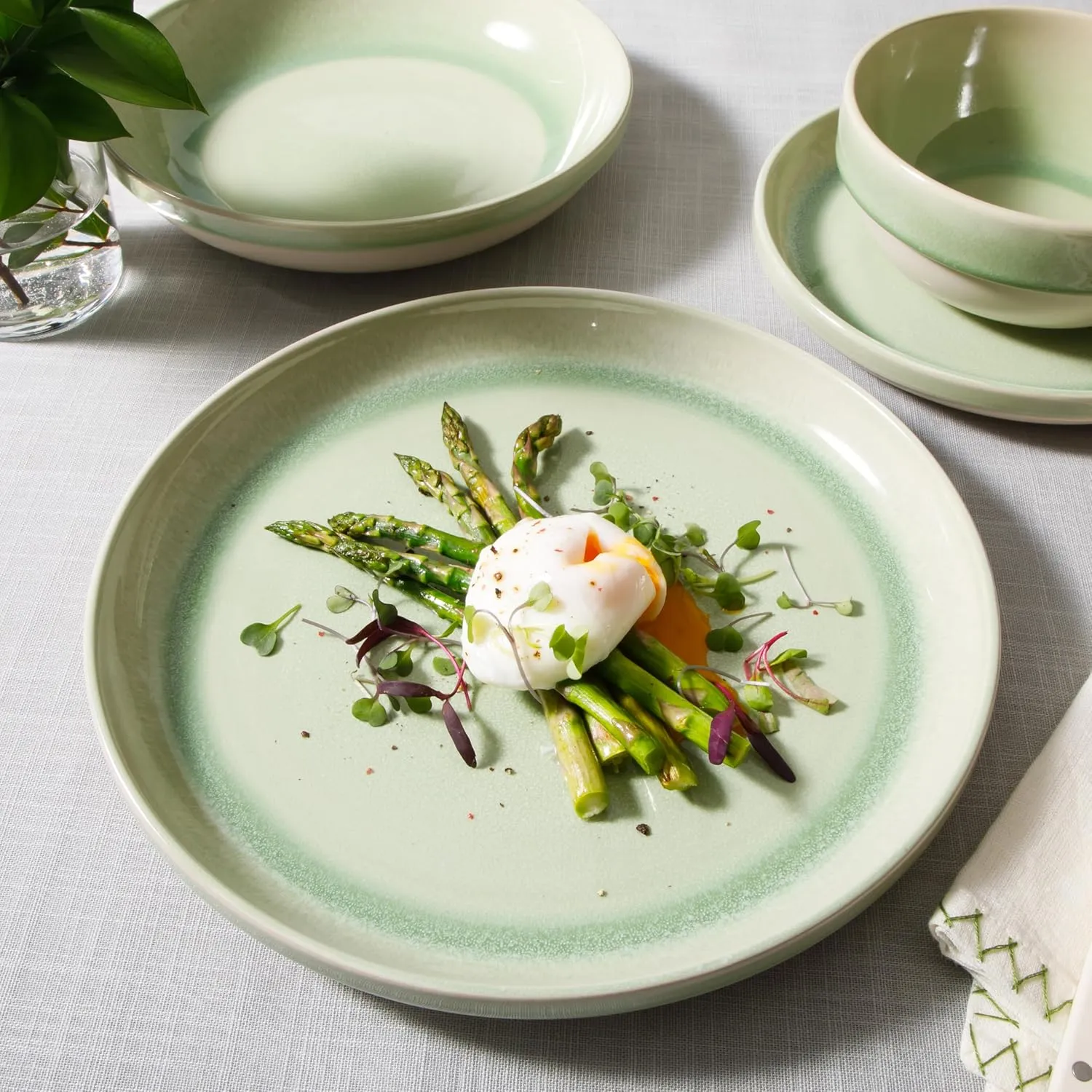 Sur La Table Kitchen Essentials Banquette 16 Piece Double Bowl Plates and Bowls Reactive Glaze Stoneware Dinnerware Set - Green