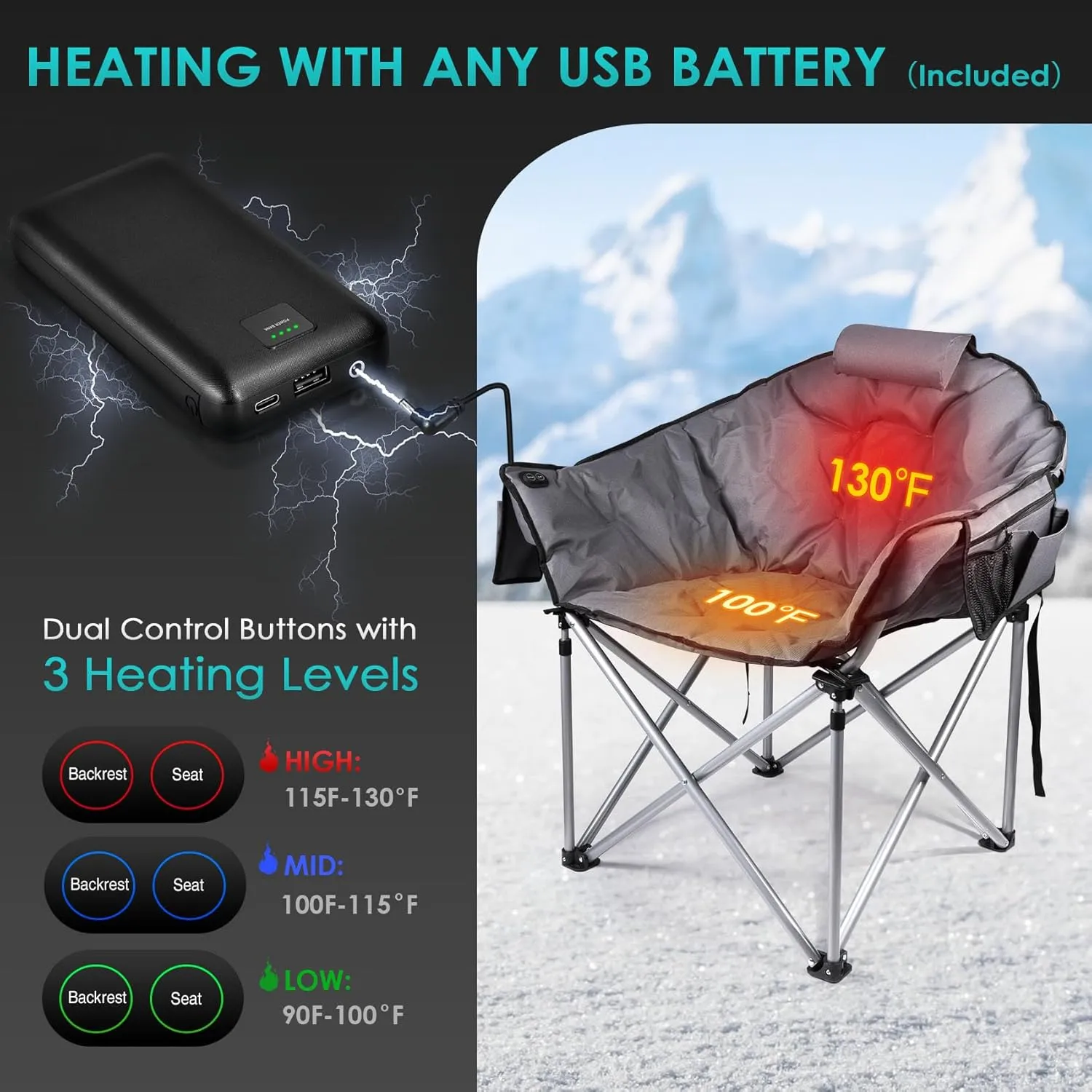 Suteck Heated Camping Chair, Oversized Outdoor Portable Heated Folding Chairs with 12V 20,000mAh Power Bank, Heated Foldable Chair Seat, Heating Chair for Outdoor Sports Camping Patio, 650lbs