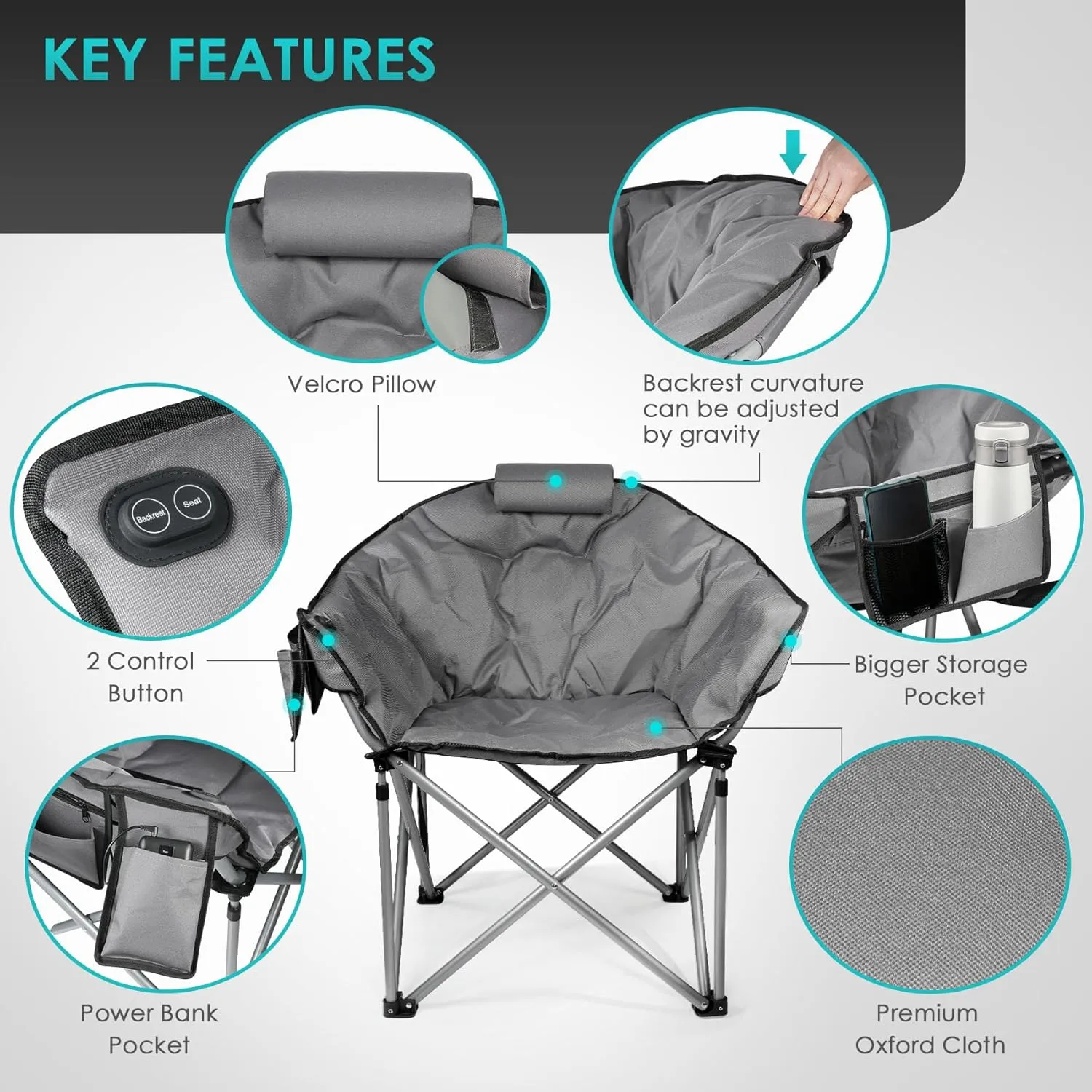 Suteck Heated Camping Chair, Oversized Outdoor Portable Heated Folding Chairs with 12V 20,000mAh Power Bank, Heated Foldable Chair Seat, Heating Chair for Outdoor Sports Camping Patio, 650lbs