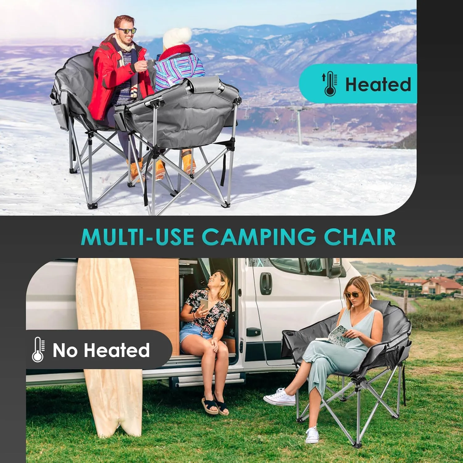 Suteck Heated Camping Chair, Oversized Outdoor Portable Heated Folding Chairs with 12V 20,000mAh Power Bank, Heated Foldable Chair Seat, Heating Chair for Outdoor Sports Camping Patio, 650lbs