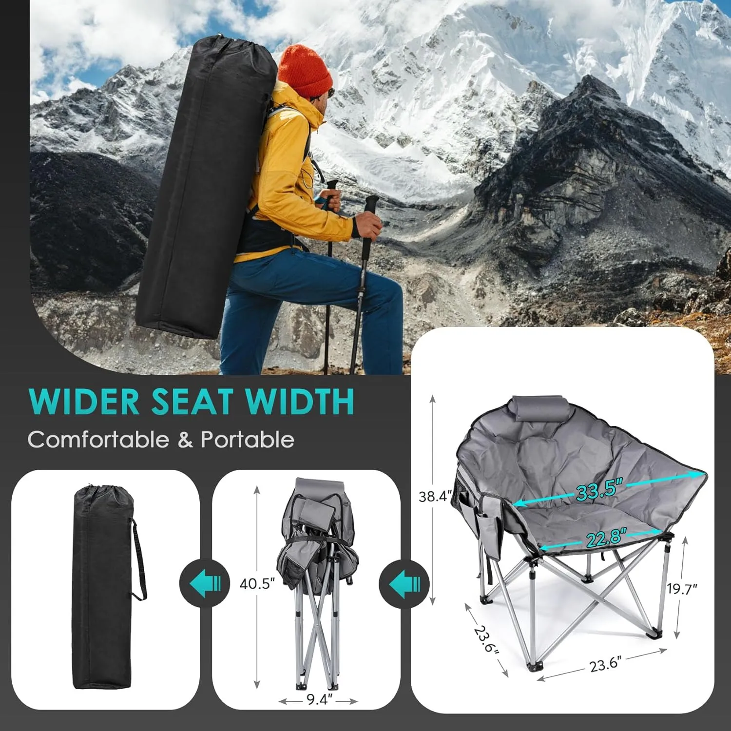 Suteck Heated Camping Chair, Oversized Outdoor Portable Heated Folding Chairs with 12V 20,000mAh Power Bank, Heated Foldable Chair Seat, Heating Chair for Outdoor Sports Camping Patio, 650lbs