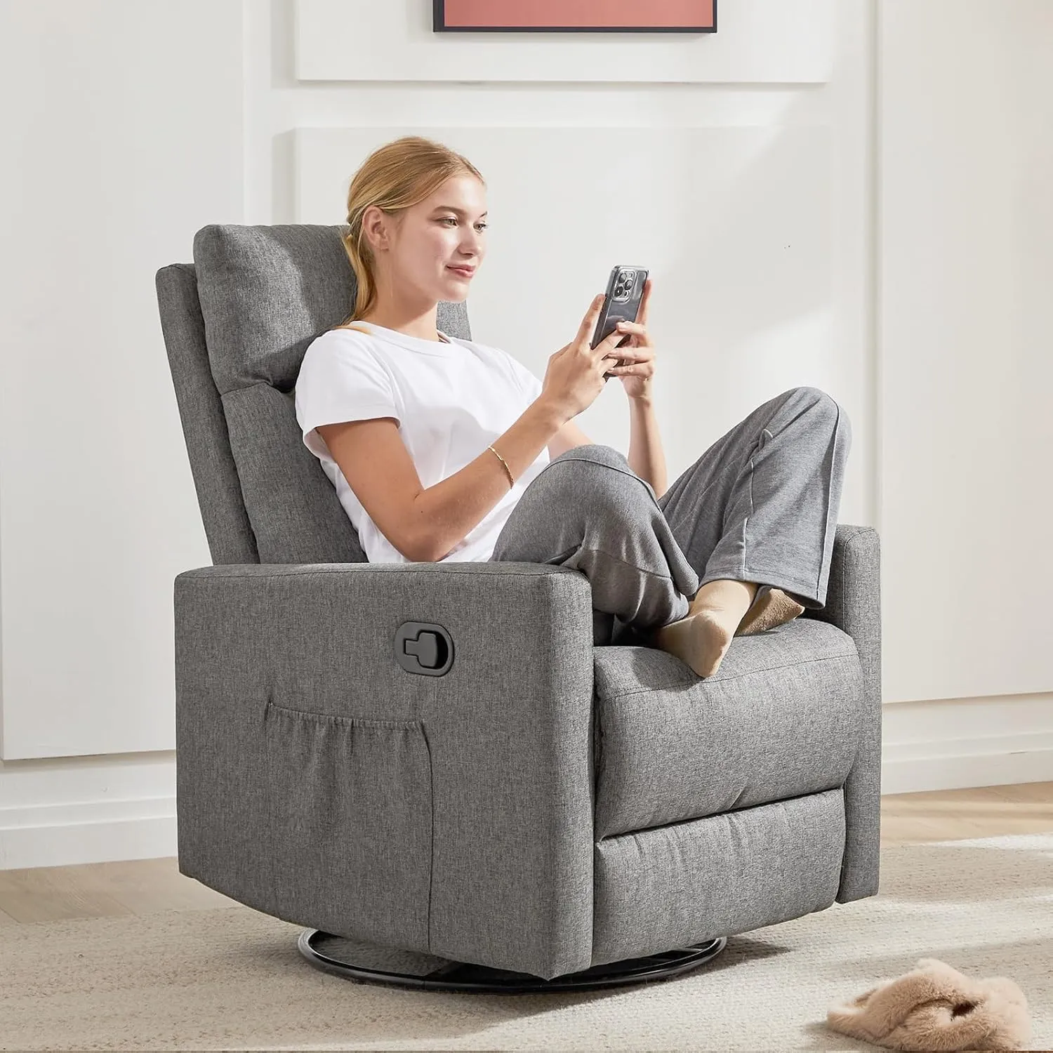 Sweetcrispy Recliner Chair, 360 Swivel Rocker Chair for Adults, Glider Rocker Recliners, Nursery Chairs for Living Room, High Back, Upholstered Deep Seat, Grey