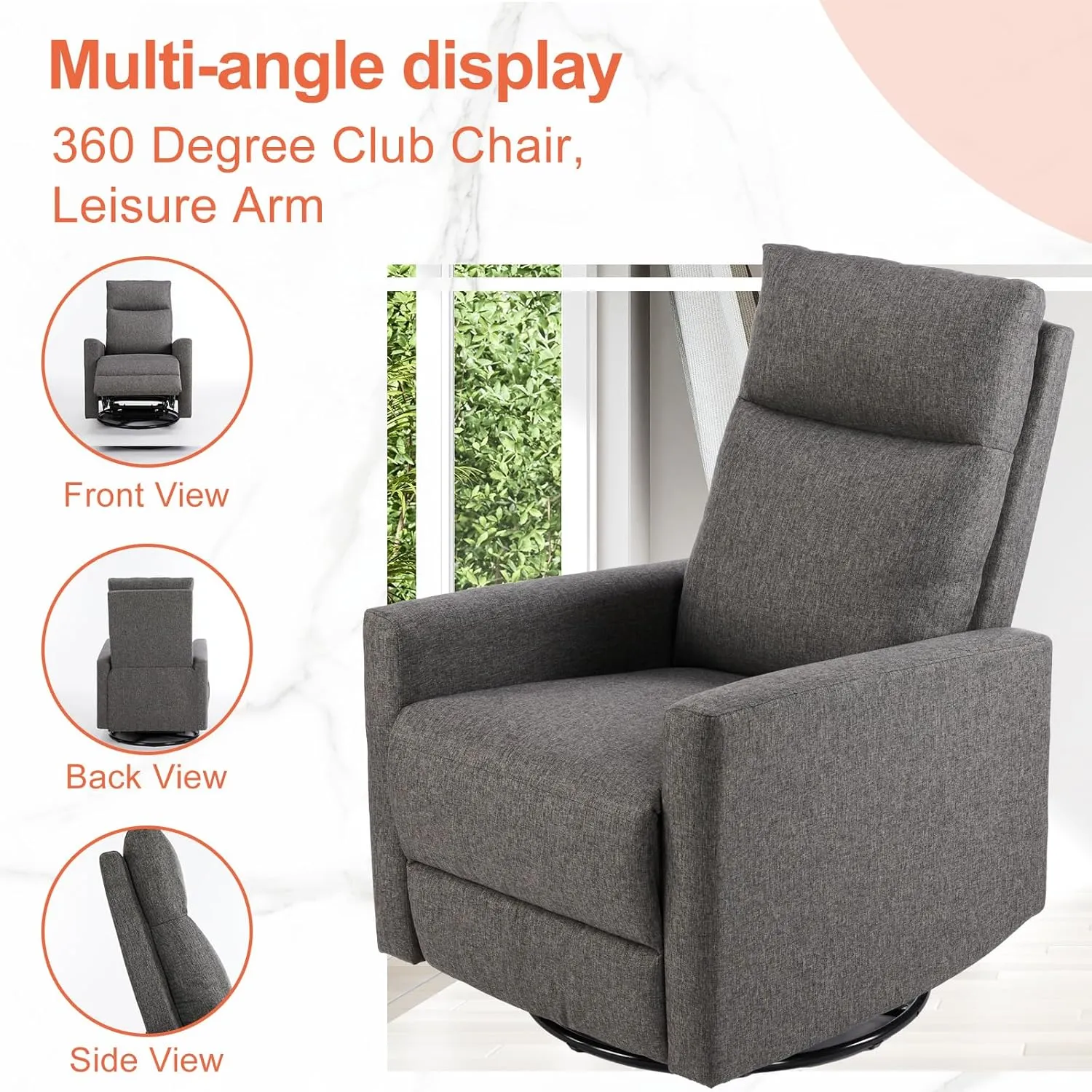 Sweetcrispy Recliner Chair, 360 Swivel Rocker Chair for Adults, Glider Rocker Recliners, Nursery Chairs for Living Room, High Back, Upholstered Deep Seat, Grey