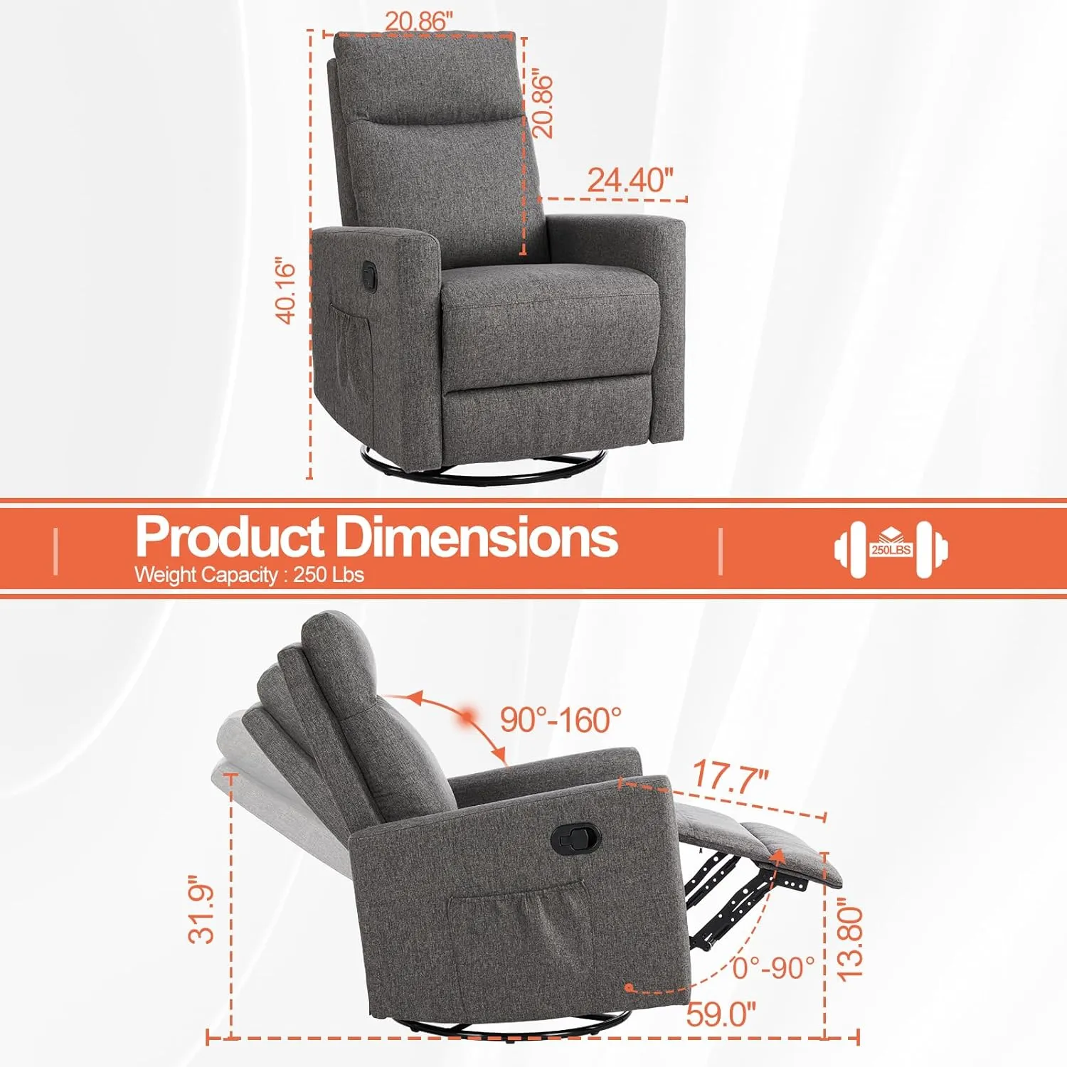 Sweetcrispy Recliner Chair, 360 Swivel Rocker Chair for Adults, Glider Rocker Recliners, Nursery Chairs for Living Room, High Back, Upholstered Deep Seat, Grey