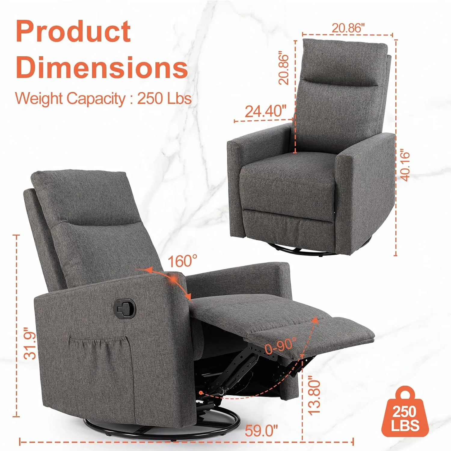 Sweetcrispy Recliner Chair, 360 Swivel Rocker Chair for Adults, Glider Rocker Recliners, Nursery Chairs for Living Room, High Back, Upholstered Deep Seat, Grey