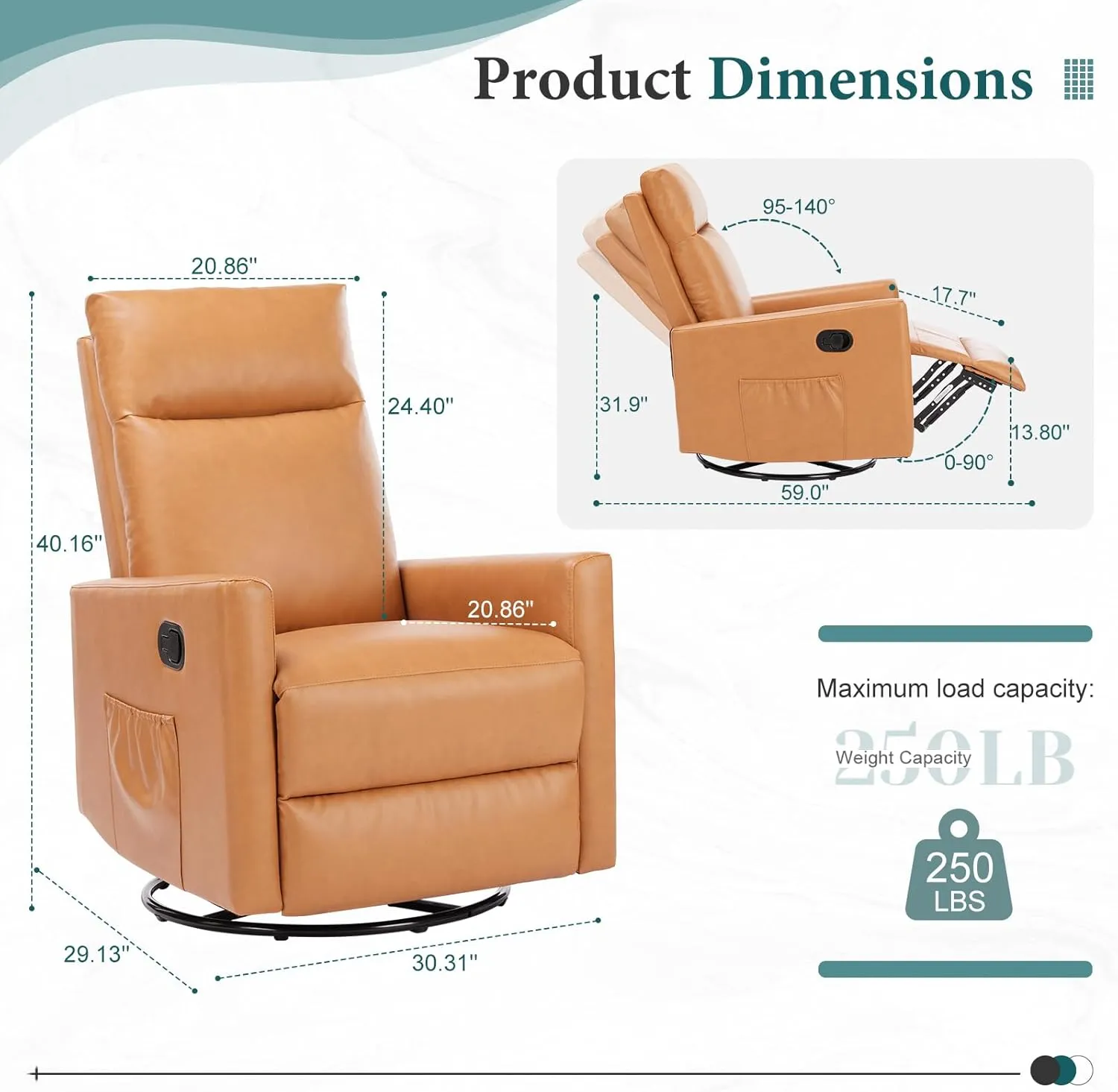 Sweetcrispy Recliner Chair, 360 Swivel Rocker Chair for Adults, Glider Rocker Recliners, Nursery Chairs for Living Room, High Back, Upholstered Deep Seat,Brown