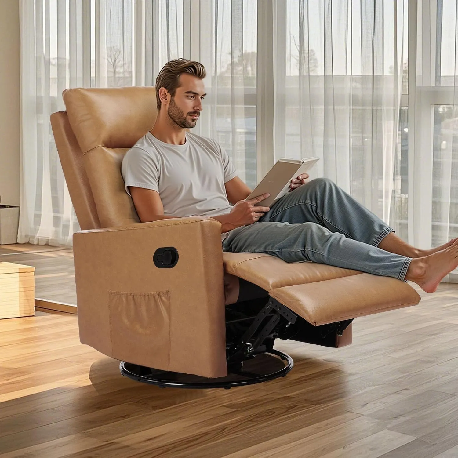 Sweetcrispy Recliner Chair, 360 Swivel Rocker Chair for Adults, Glider Rocker Recliners, Nursery Chairs for Living Room, High Back, Upholstered Deep Seat,Brown