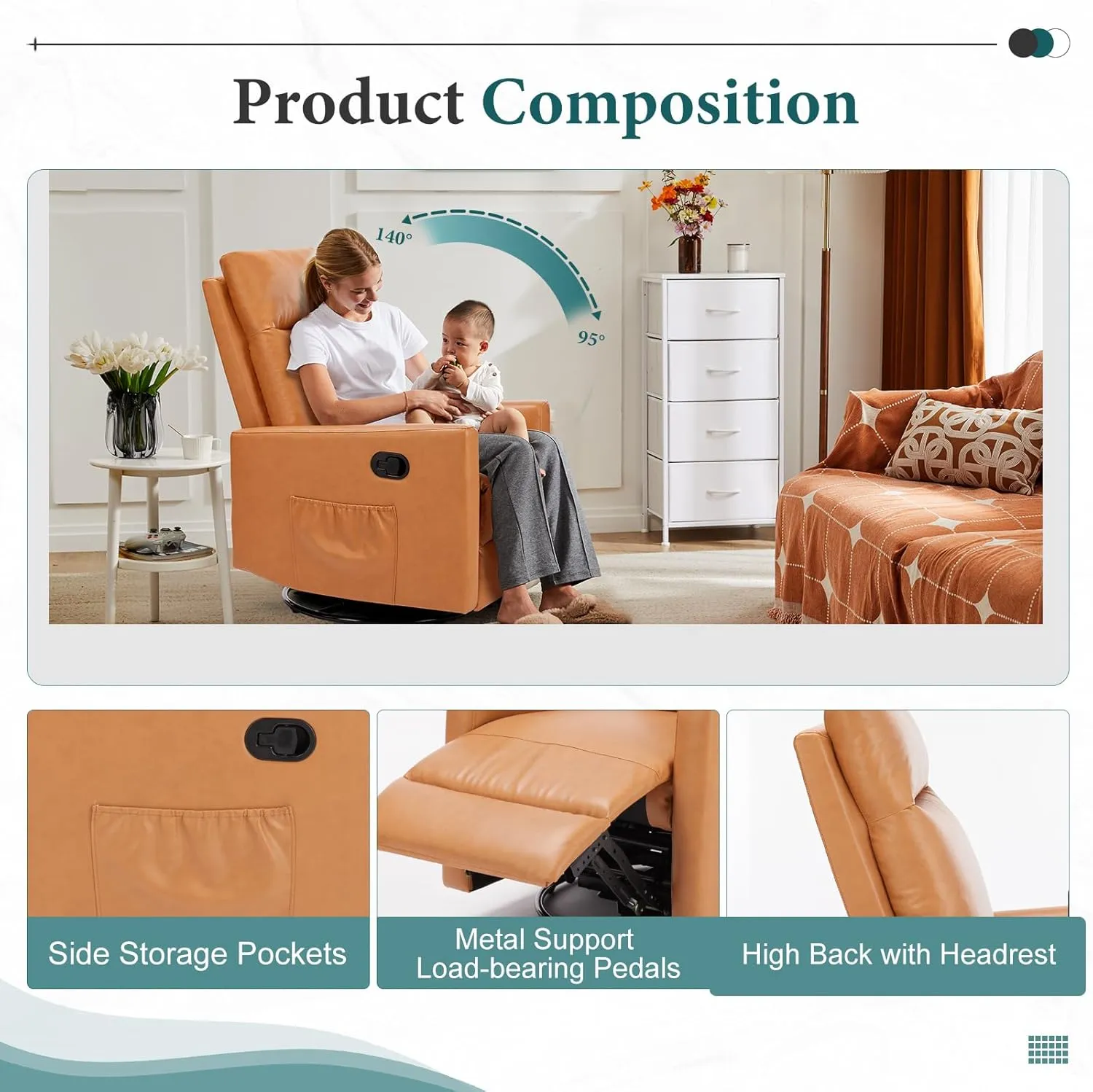 Sweetcrispy Recliner Chair, 360 Swivel Rocker Chair for Adults, Glider Rocker Recliners, Nursery Chairs for Living Room, High Back, Upholstered Deep Seat,Brown