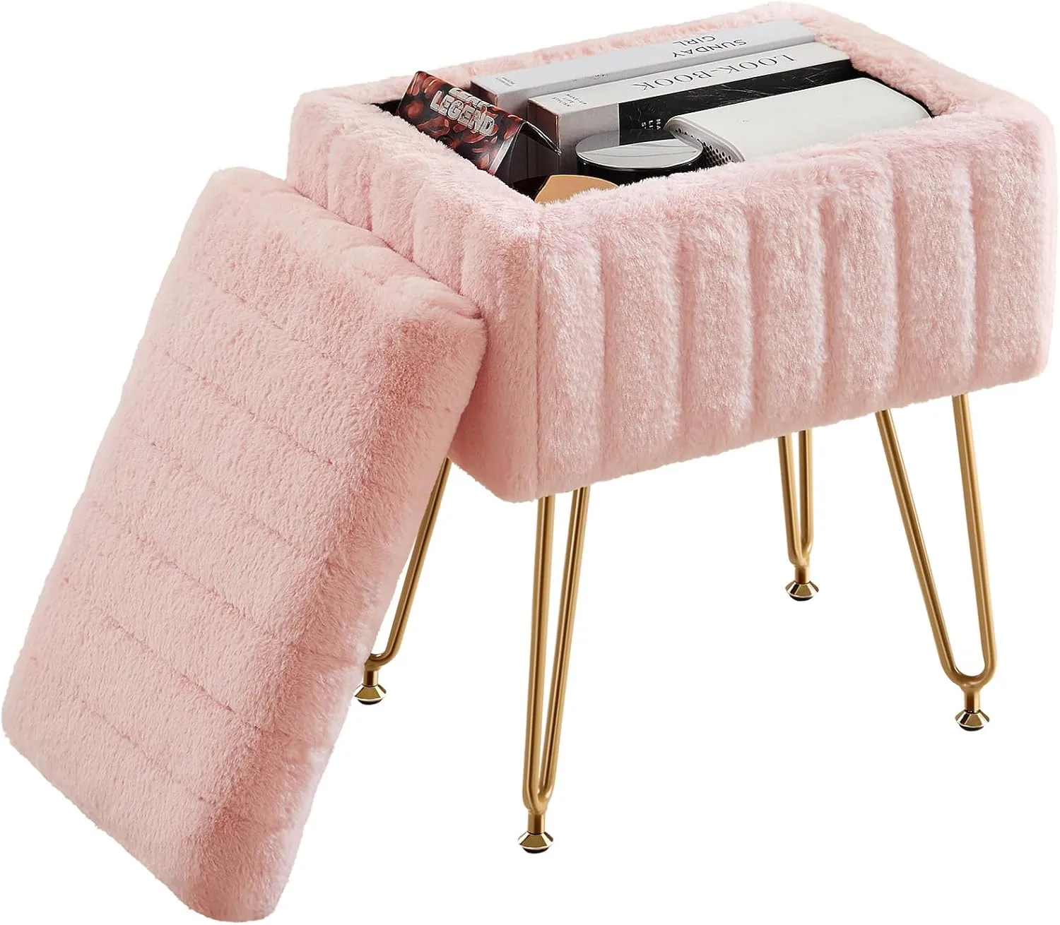Sweetcrispy Vanity Stool Chair with Storage, Ottoman Faux Fur Soft Padded Makeup Footstools Seat with 4 Metal Legs Anti-Slip Adjustable Feet for Home Entryway Bedroom, Pink