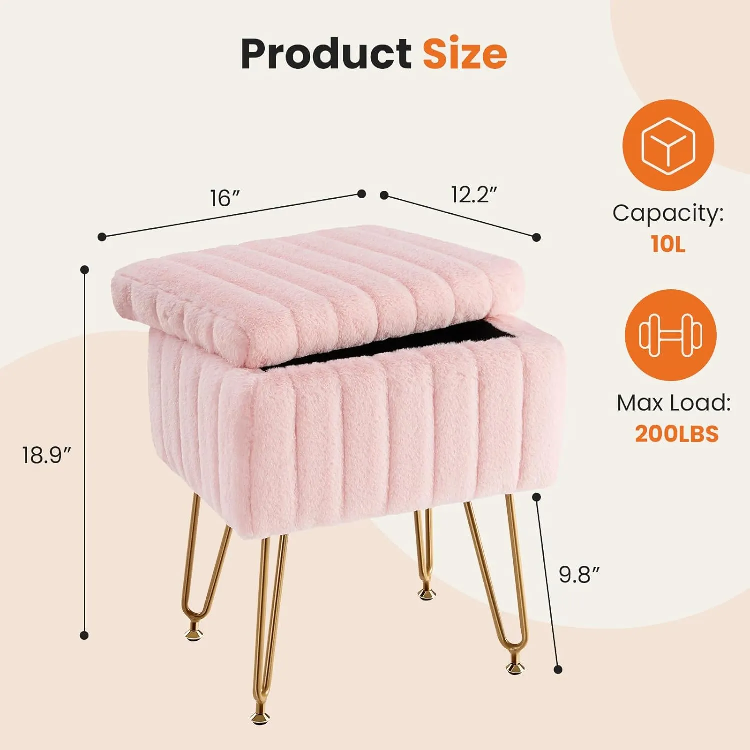 Sweetcrispy Vanity Stool Chair with Storage, Ottoman Faux Fur Soft Padded Makeup Footstools Seat with 4 Metal Legs Anti-Slip Adjustable Feet for Home Entryway Bedroom, Pink
