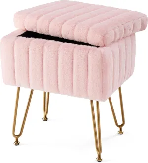 Sweetcrispy Vanity Stool Chair with Storage, Ottoman Faux Fur Soft Padded Makeup Footstools Seat with 4 Metal Legs Anti-Slip Adjustable Feet for Home Entryway Bedroom, Pink