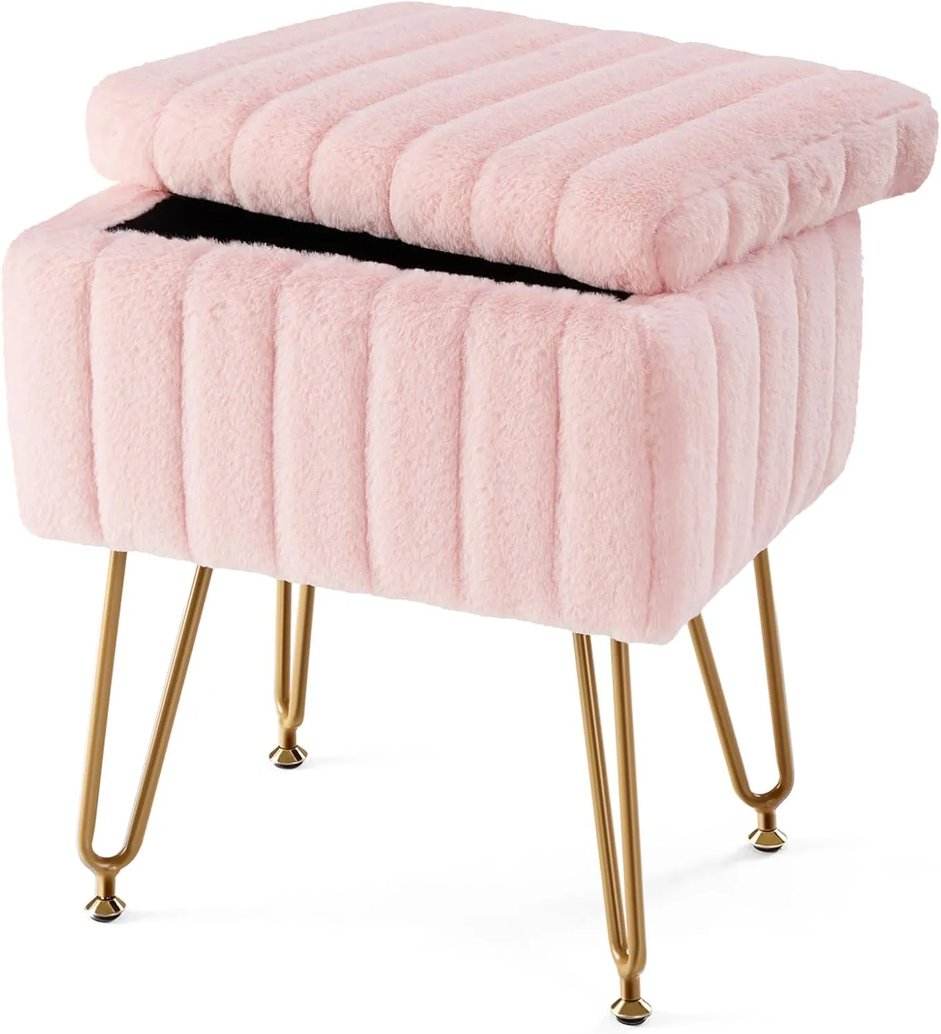 Sweetcrispy Vanity Stool Chair with Storage, Ottoman Faux Fur Soft Padded Makeup Footstools Seat with 4 Metal Legs Anti-Slip Adjustable Feet for Home Entryway Bedroom, Pink