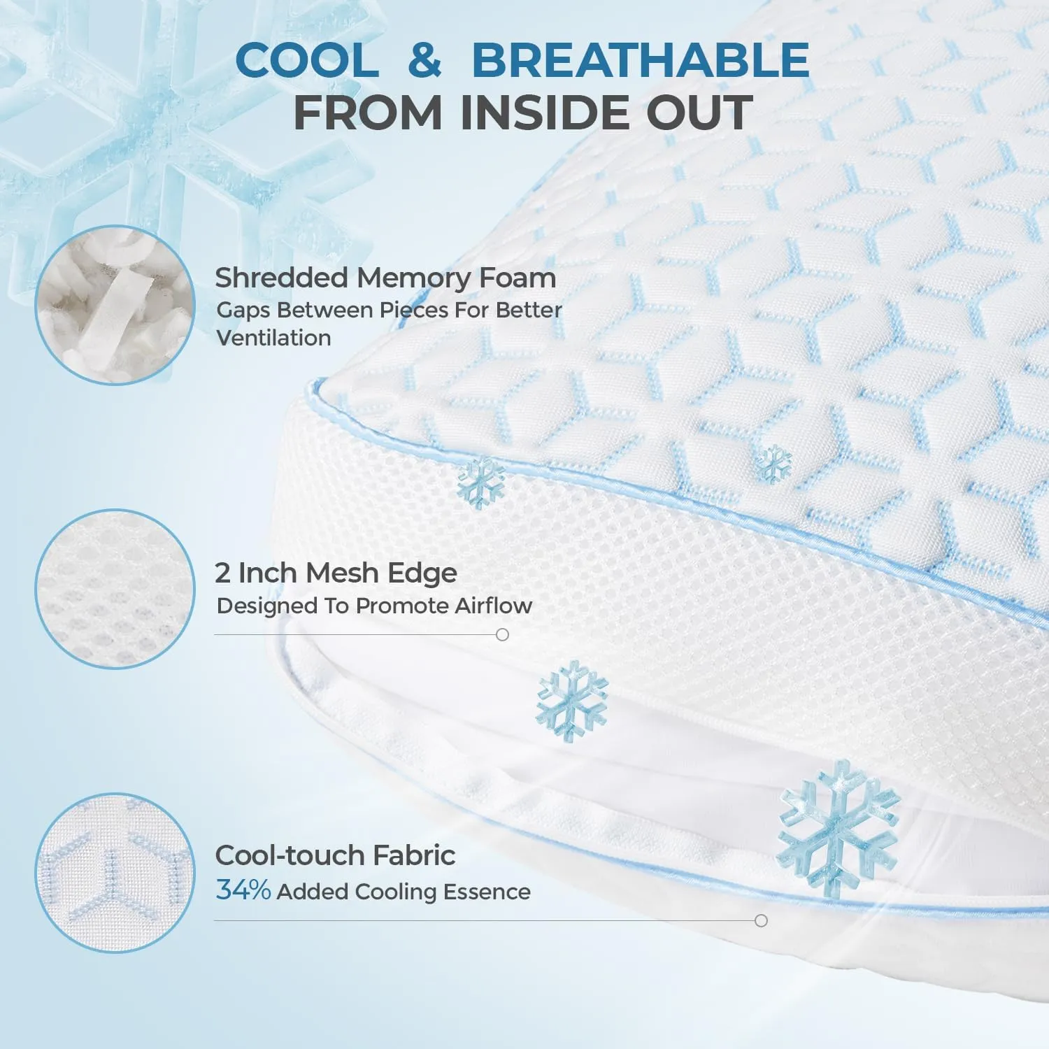 Sweetnight Cooling Pillows Queen Size Set of 2, Shredded Memory Foam Pillows 2 Pack for Hot Sleepers, Cold Bed Pillows for Sleeping, Washable with Removable Cover, Cool Night