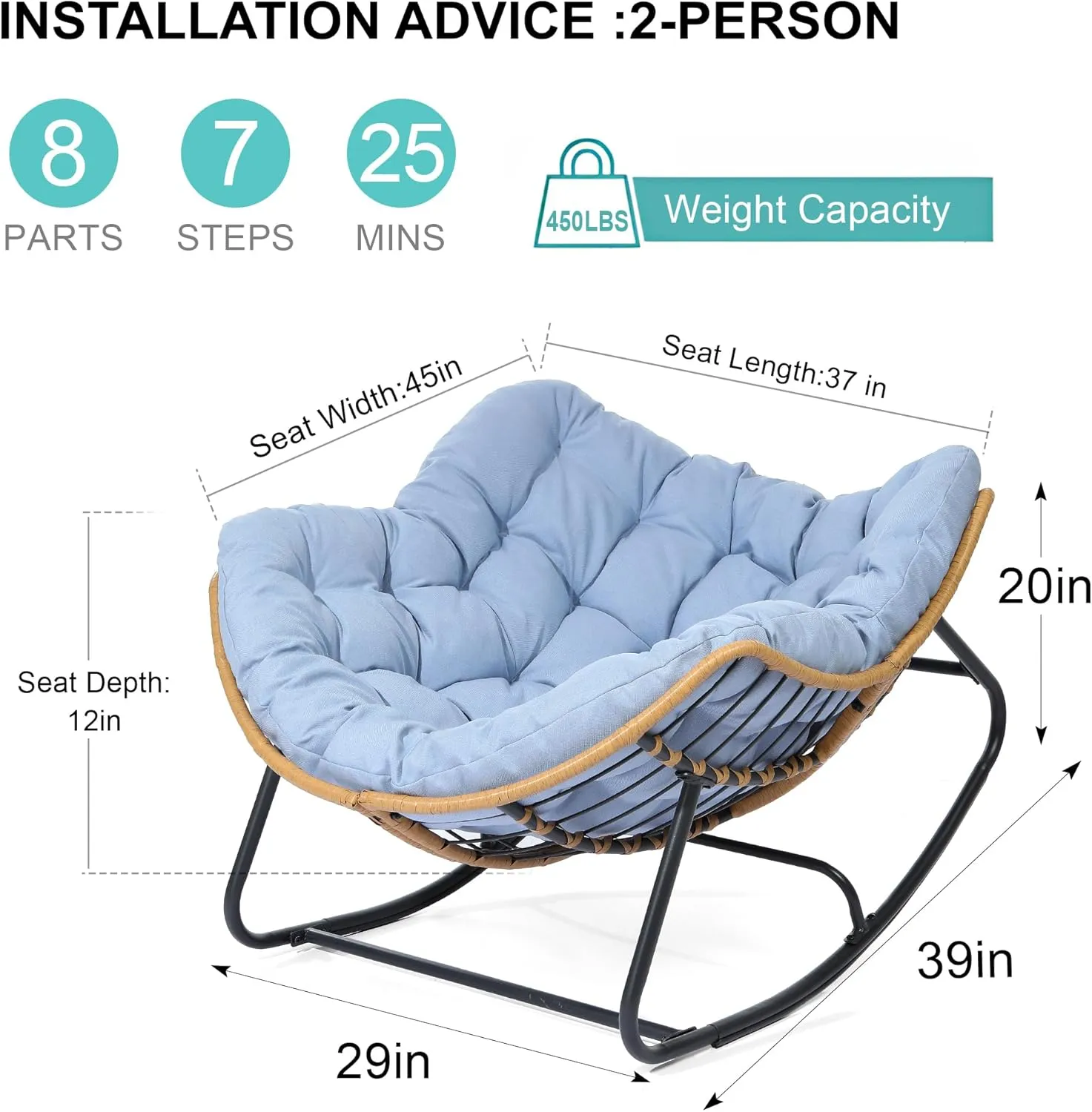 SWITTE Outdoor & Indoor Rocking Chair - Rattan Wicker Lounge Chair for Bedroom, Living Room, Porch, Garden, Lawn - Blue