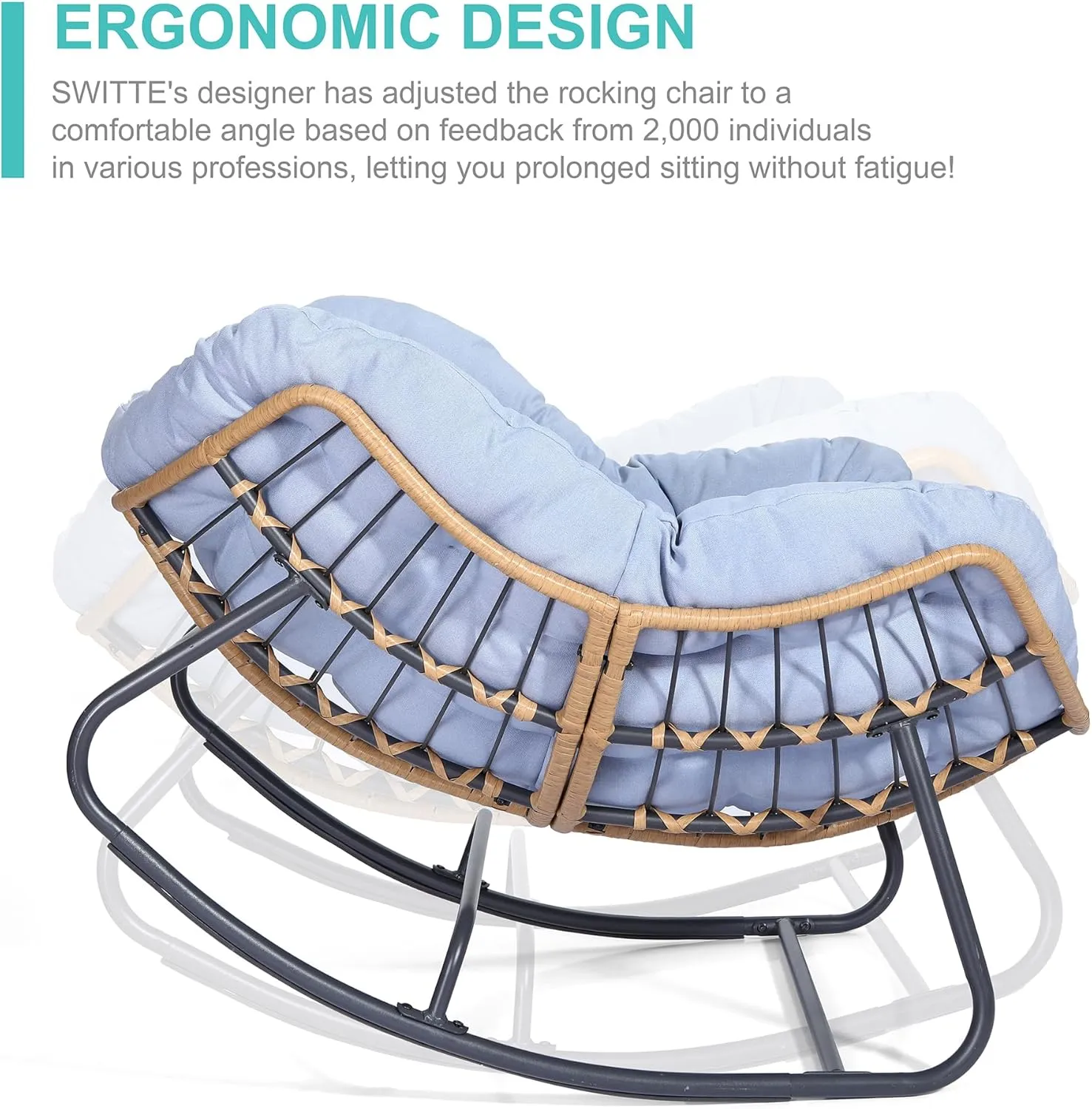 SWITTE Outdoor & Indoor Rocking Chair - Rattan Wicker Lounge Chair for Bedroom, Living Room, Porch, Garden, Lawn - Blue