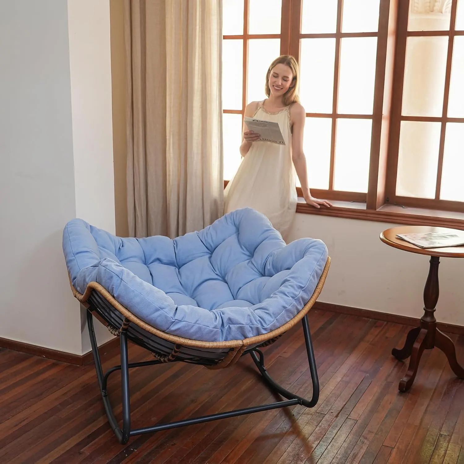 SWITTE Outdoor & Indoor Rocking Chair - Rattan Wicker Lounge Chair for Bedroom, Living Room, Porch, Garden, Lawn - Blue
