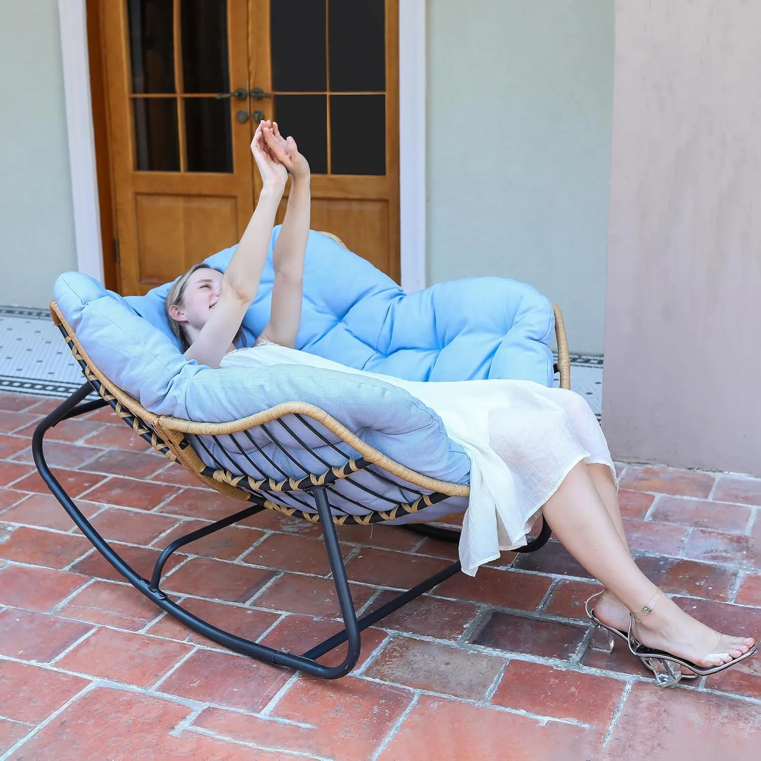 SWITTE Outdoor & Indoor Rocking Chair - Rattan Wicker Lounge Chair for Bedroom, Living Room, Porch, Garden, Lawn - Blue